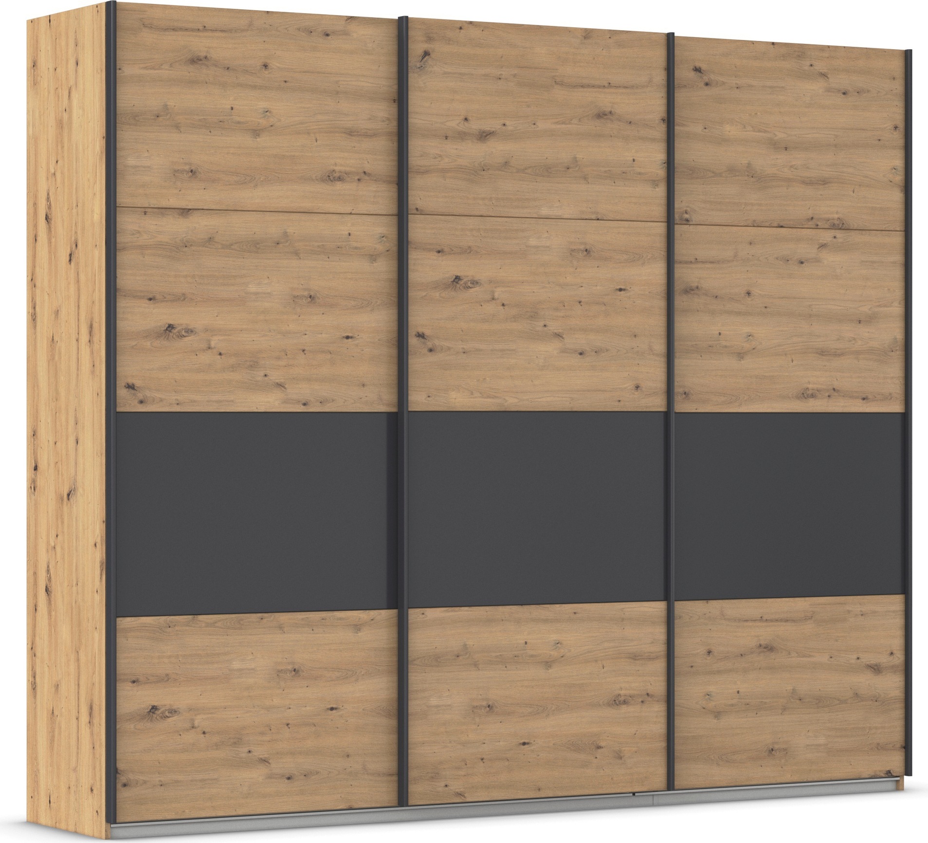 Schwebetürenschrank RAUCH "Schwebetürenschrank Kleiderschrank Schrank Garderobe CORTONA", grau (eiche artisan, graumetallic), B:271cm H:229cm T:62cm, Holzwerkstoff, Schränke, inkl. Inneneinteilung, 2 Stoffboxen und zusätzlichen Einlegeböden