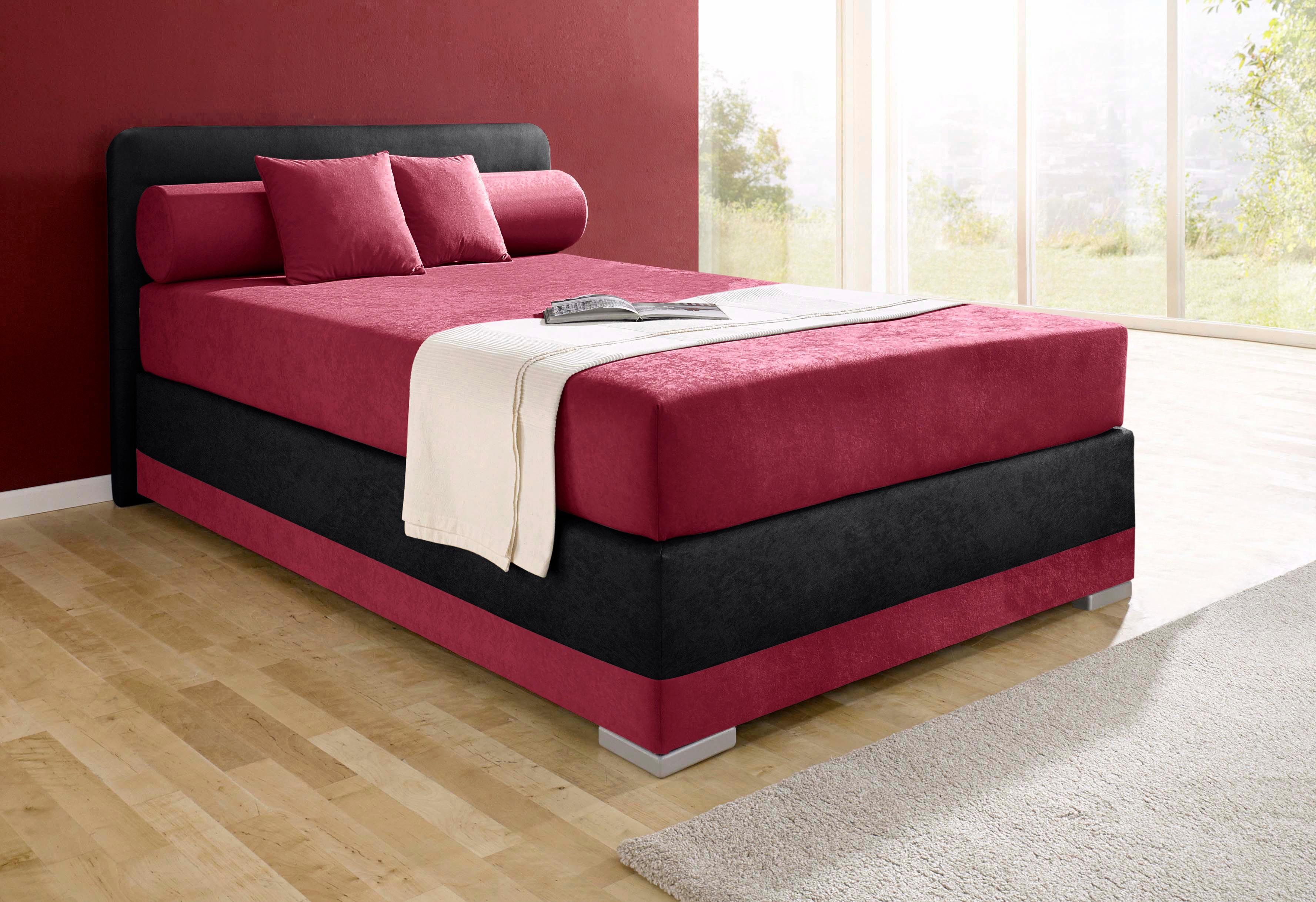 Boxspringbett MAINTAL "Lago", rot (bordeauxrot, schwarz), B:147cm L:210cm, Bezug Kopteil und seitliche Unterbox wahlweise Microvelours aus 100% Polyester oder Kunstleder;DIe Obermatratze ist bei beiden Bezugsqualitäten mit Microfaser (100%... Image
