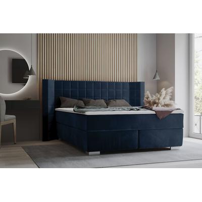 Boxspringbett PLACES OF STYLE "Piazza", blau (dunkelblau), B:181cm L:210cm, Strukturstoff-Bezug (100% Polyester), Samtvelours (100% Polyester), Komplettbetten, Boxspringbett, mit Steppung und Kopfteil mit seitlichen Flügeln Image