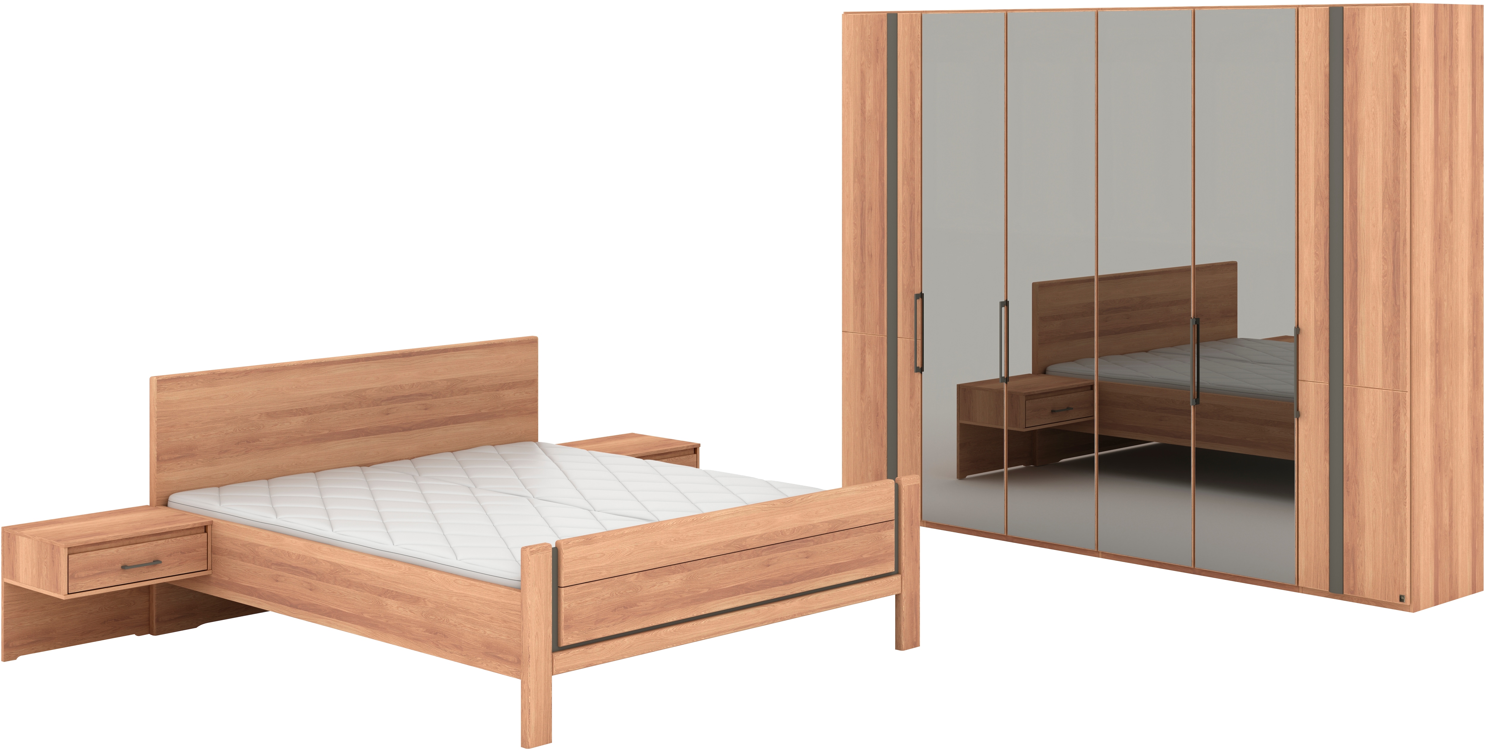 Schlafzimmer-Set MUSTERRING "Sorrent, Kleiderschrank, Bett & Nachtkommoden, teilmassiv Eiche", braun, Schrank 300cm Breit / 236cm Hoch + ohne Matratze, B/H: 180cm x 200cm, Schrank 300cm Breit / 236cm Hoch, Glas, Hartfaserplatte, Holz teilmassiv,...