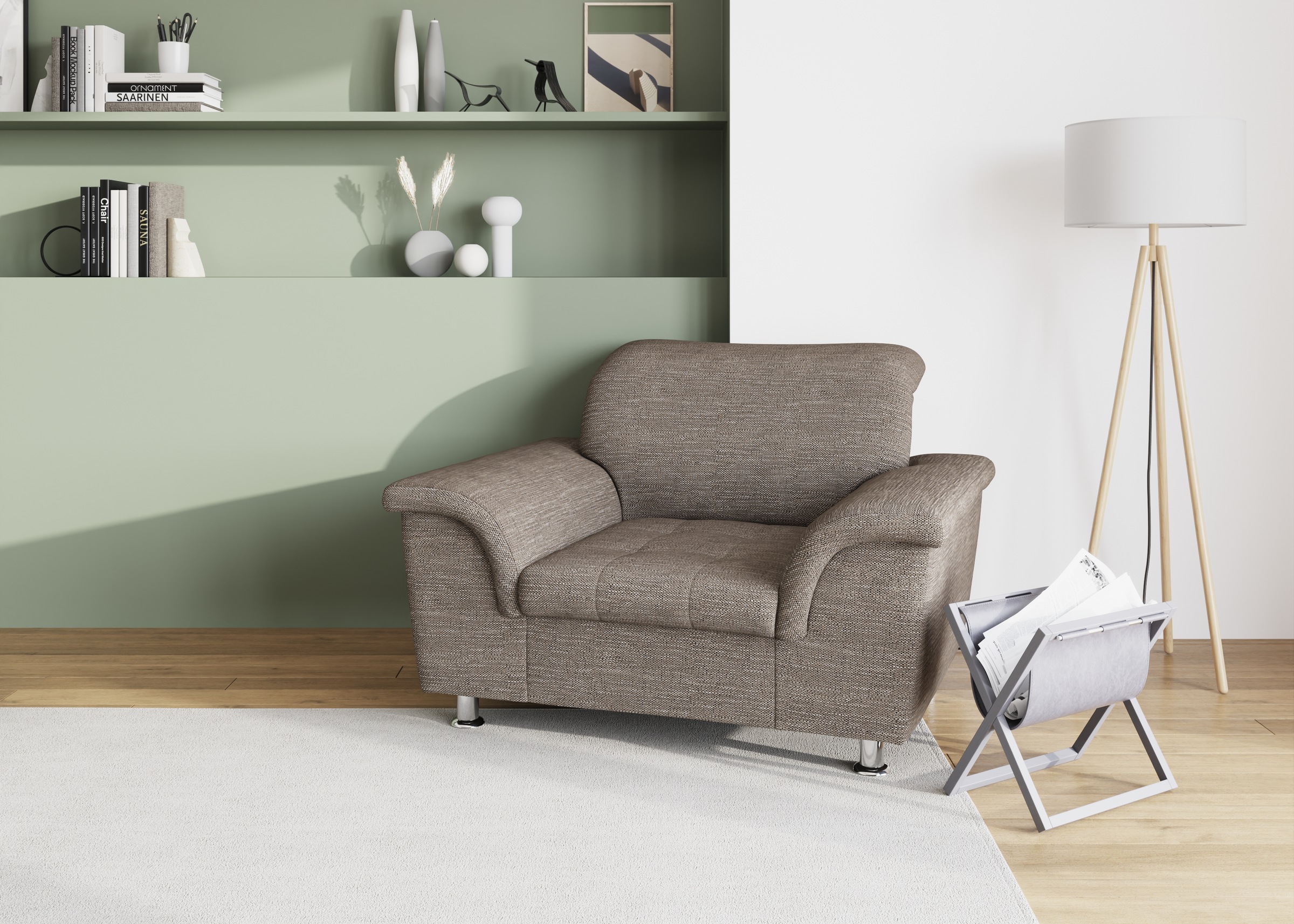 Sessel DOMO COLLECTION "Franzi, zeitlos & elegant, moderne Sitzheftung", beige (beige, braun), B:120cm H:81cm T:97cm, 90% Polyester, 10% Acryl, Sessel, Sessel, wahlw. mit Kopfteilverstellung, bequeme Armlehnen, chromfarbene Füße