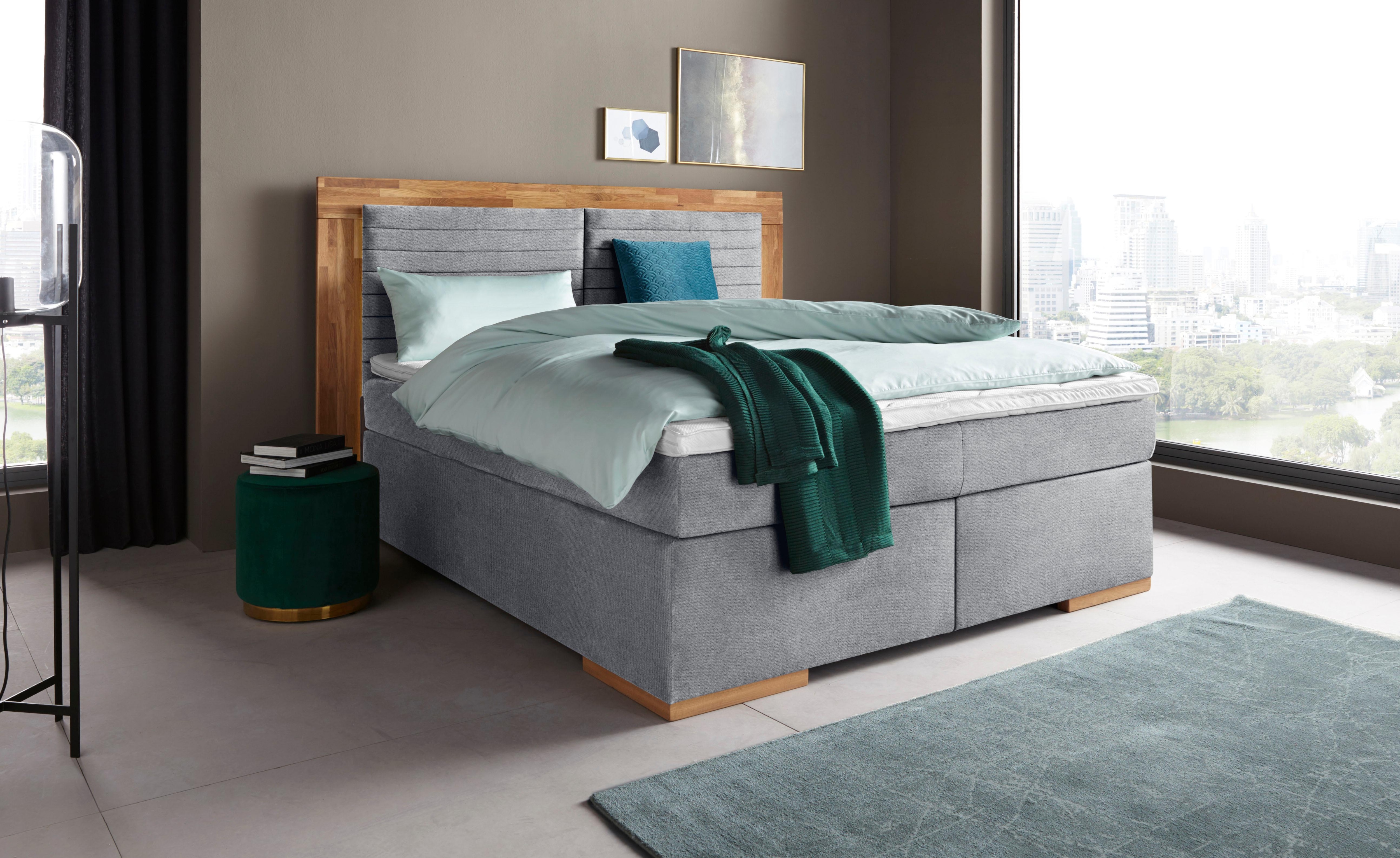Boxspringbett PLACES OF STYLE "Cup", grau (light grau), B:230cm L:206cm, Bezug: Luxus-Microfaser (100% Polyester);Bezug: Microfaser (100% Polyester), Komplettbetten, Boxspringbett, mit Massivholzrahmen, mit Topper, in 2 Härtegraden, in 3 Breiten Image