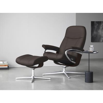 Relaxsessel STRESSLESS "Consul", braun (chocolate paloma), B:82cm H:102cm T:72cm, Leder PALOMA: PALOMA ist ein durchgefärbtes Semianilin-Möbelleder mit natürlicher Narbung., Sessel, mit Hocker, mit Cross Base, Größe S, M & L, Holzakzent Braun Image