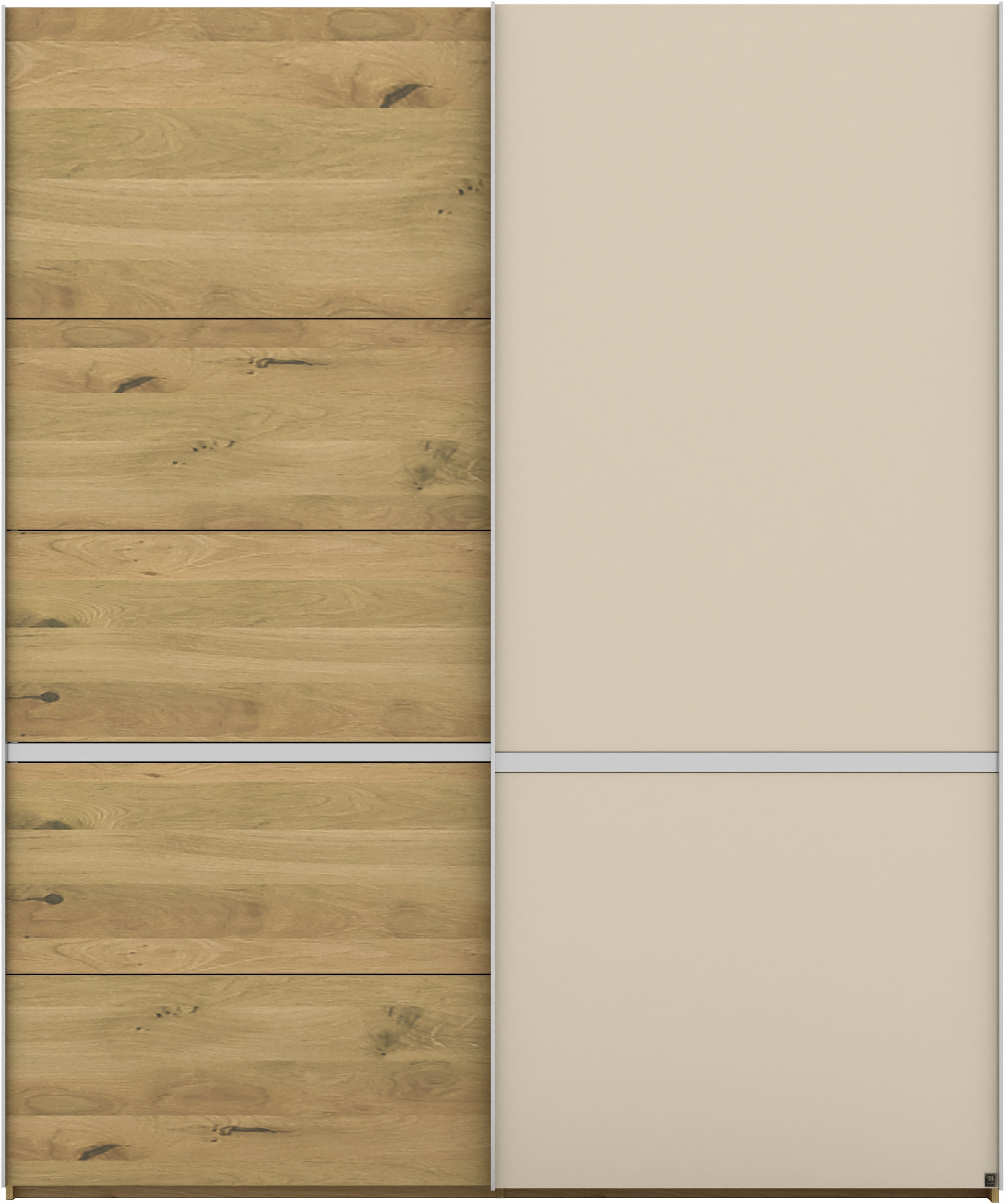 Schwebetürenschrank MUSTERRING "Savona, Kleiderschrank, Schrank, Garderobe, mit Schiebetüren", beige (braun), B:200cm H:236cm, Schränke, Türen Bianco-Eiche massiv, Spiegel-/Glastüren, eingelegte Chromleiste