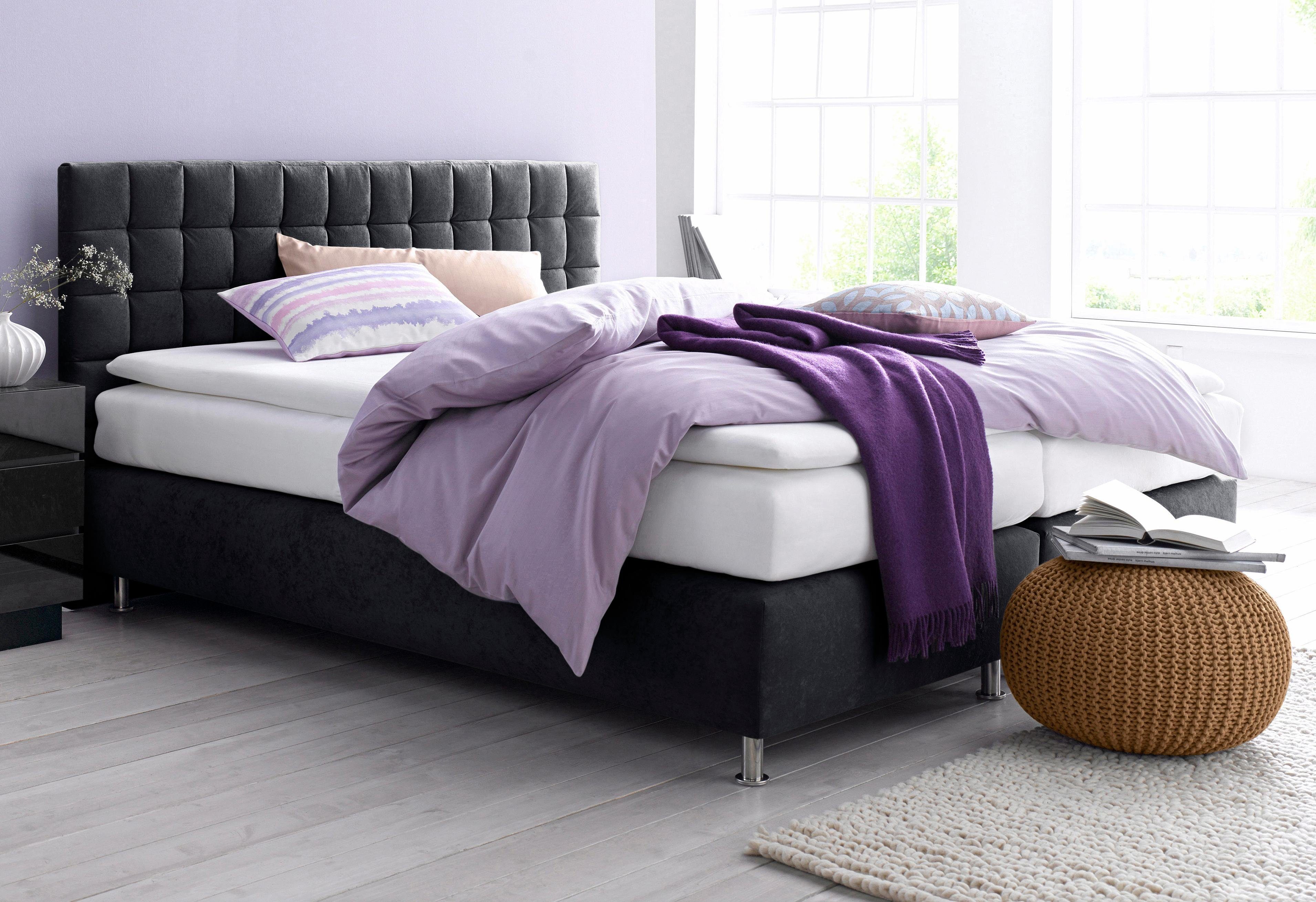 Boxspringbett, schwarz, B:215cm L:210cm, Microvelours (100% Polyester);Strukturstoff (77% Polyester und 23% Viskose);Bonnell-Federkern-Matratzenbezug: 100% Polyester;Kaltschaum-Matratzenbezug: Frottee 100% Polyester, WESTFALIA SCHLAFKOMFORT,... Image
