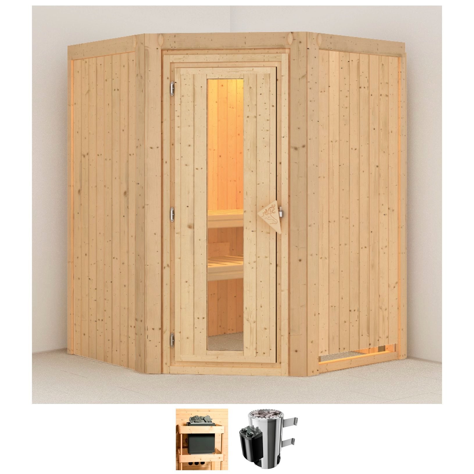 Sauna KARIBU "Nanna", beige (naturbelassen), Saunaofen, integrierte Steuerung, 3,6 kW, Saunen, 3,6-kW-Plug & Play Ofen mit integrierter Steuerung Image