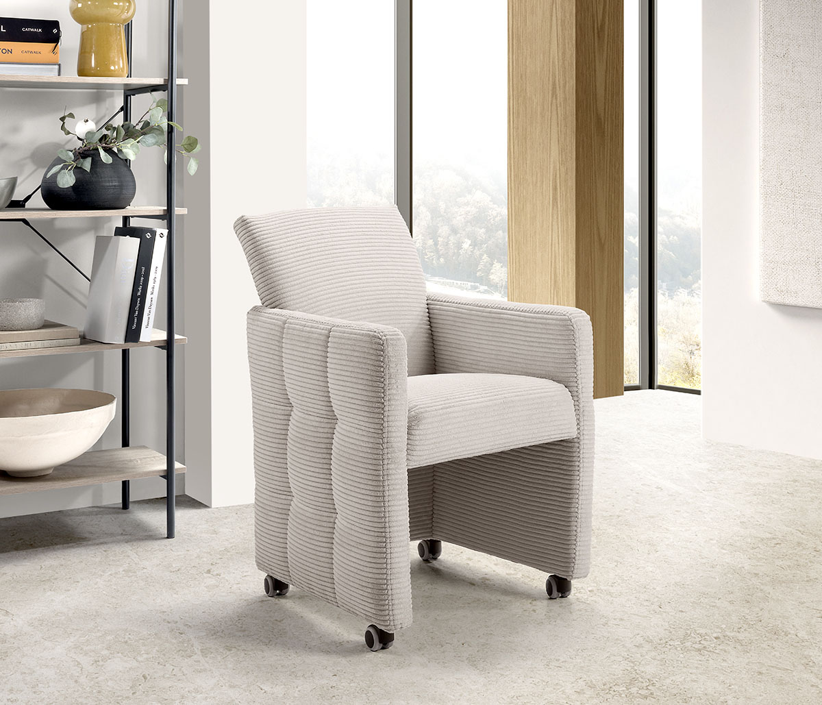 Esszimmersessel EXXPO - SOFA FASHION "Barista, Loungesessel auf Rollen mit hoher Bodenfreiheit", beige, B:64cm H:90cm T:72cm, Sessel, Esszimmersessel, Barista Clubsessel auf Rollen mit schmalen Armlehnen, modernes Design