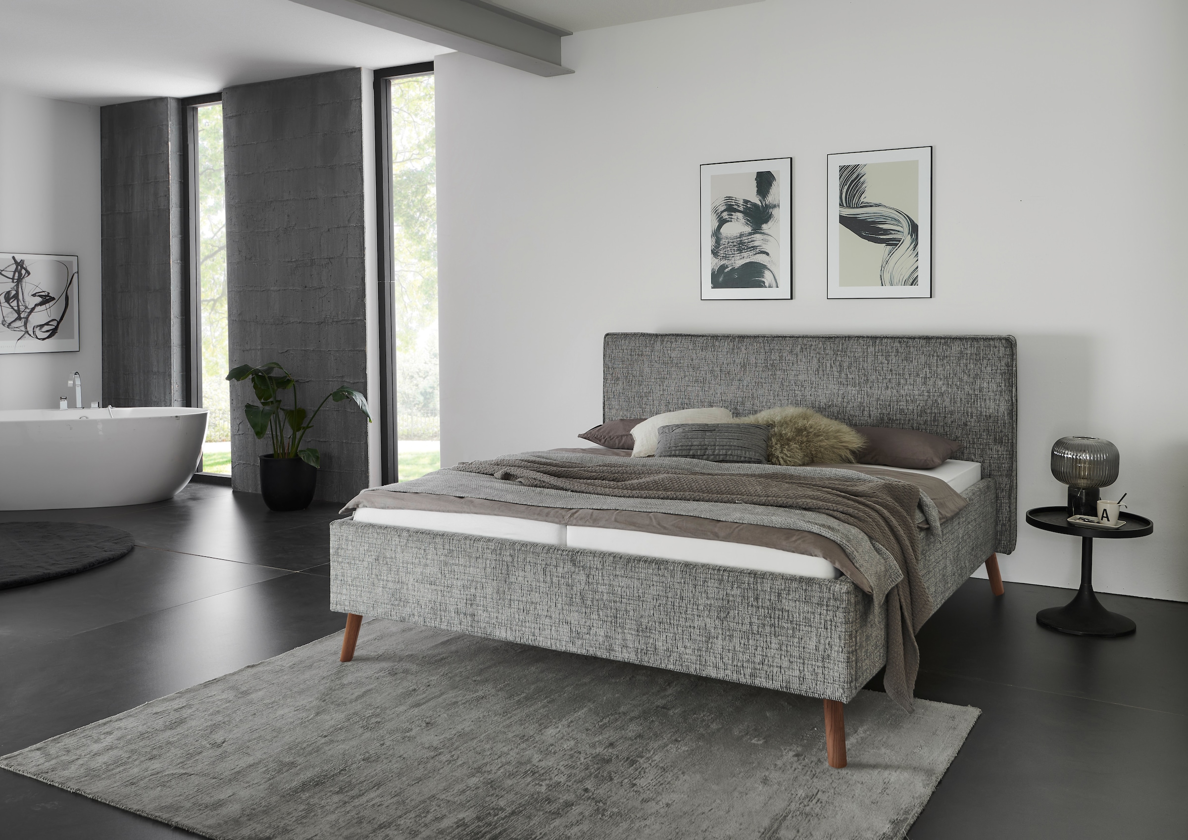 Polsterbett MEISE.MÖBEL "Riva", grau (mouse, mouse), B:205cm L:216cm, Betten, Polsterbett, mit eichefarbigen Holzfüßen, wahlweise mit Bettkasten und Lattenrost