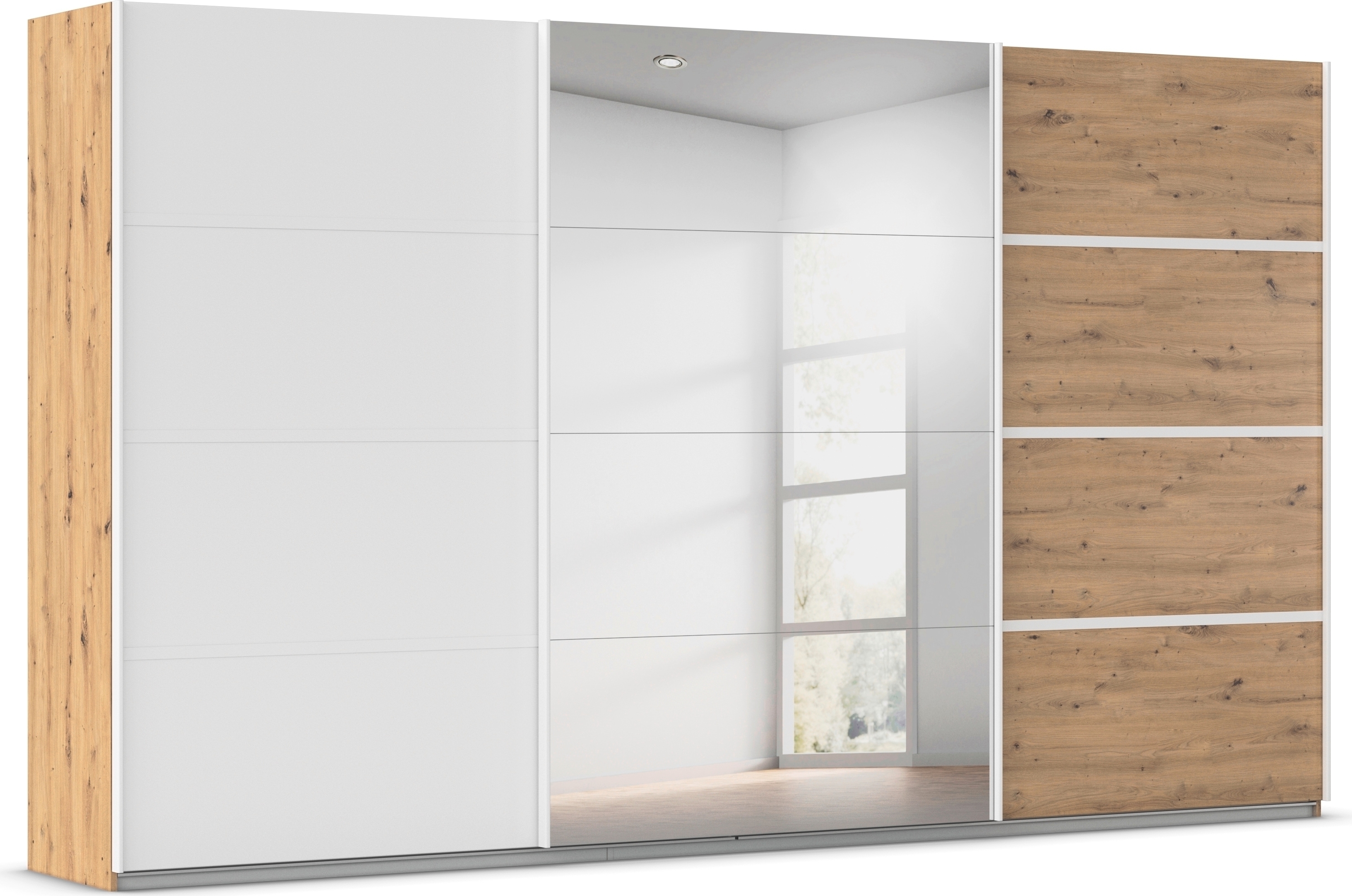 Kleiderschrank RAUCH "Schwebetürenschrank OTTO´s Choice Garderobe Schrank TOP ANGEBOT Avola", eiche artisan, alpinweiß, leisten weiß, B:360cm H:229cm T:62cm, Holzwerkstoff, Schränke, mit eleganten Zierleisten in Chrom, Schwarz oder Weiß MADE IN GERMANY Image