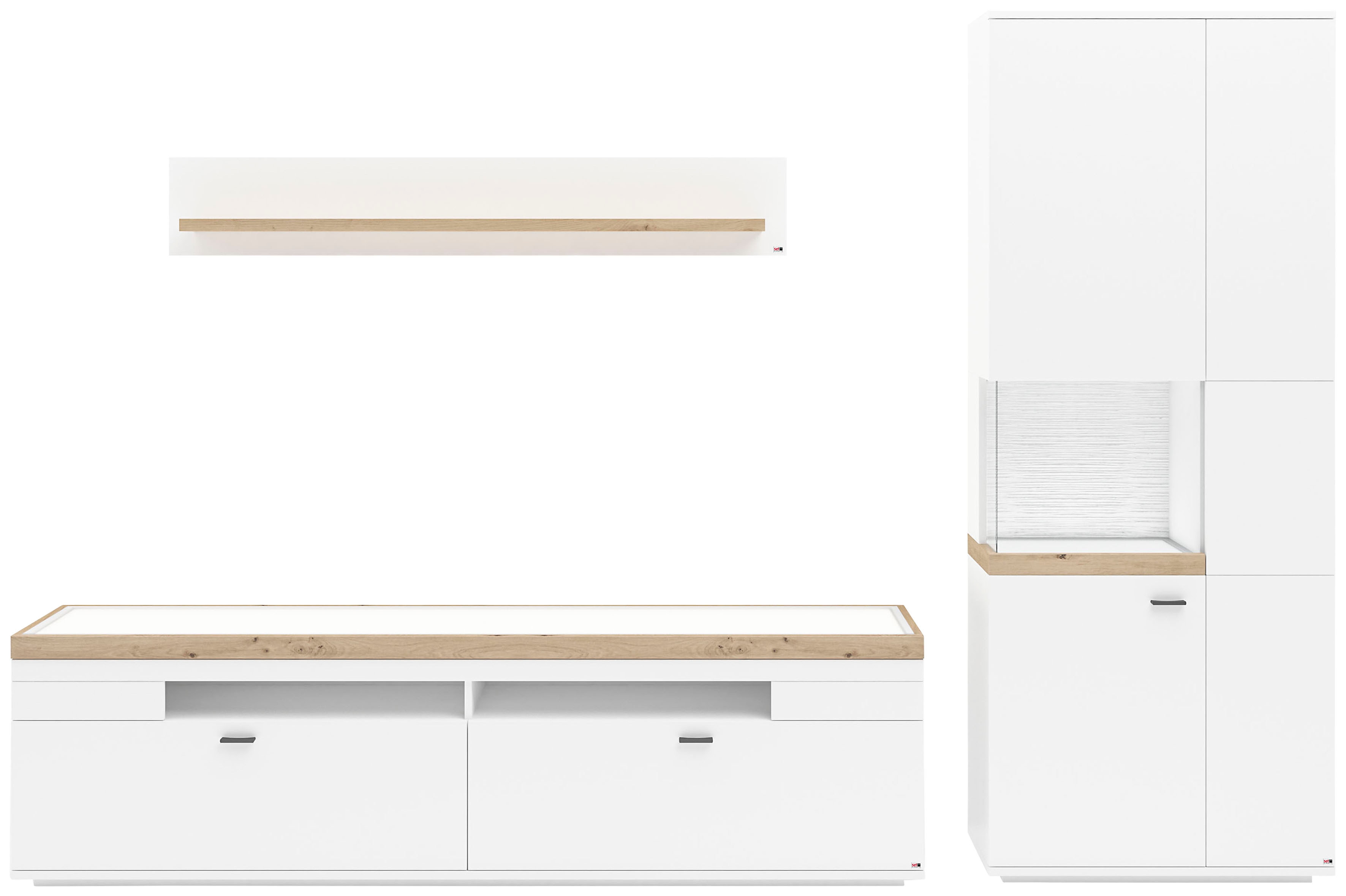 Wohnwand "Lancaster", weiß (weiß mit eiche artisan), B:300cm H:206,2cm T:43,6cm, SET ONE BY MUSTERRING, Kastenmöbel-Sets, 3-teilig mit Fronten in weiß oder grau, Breite ca.300cm