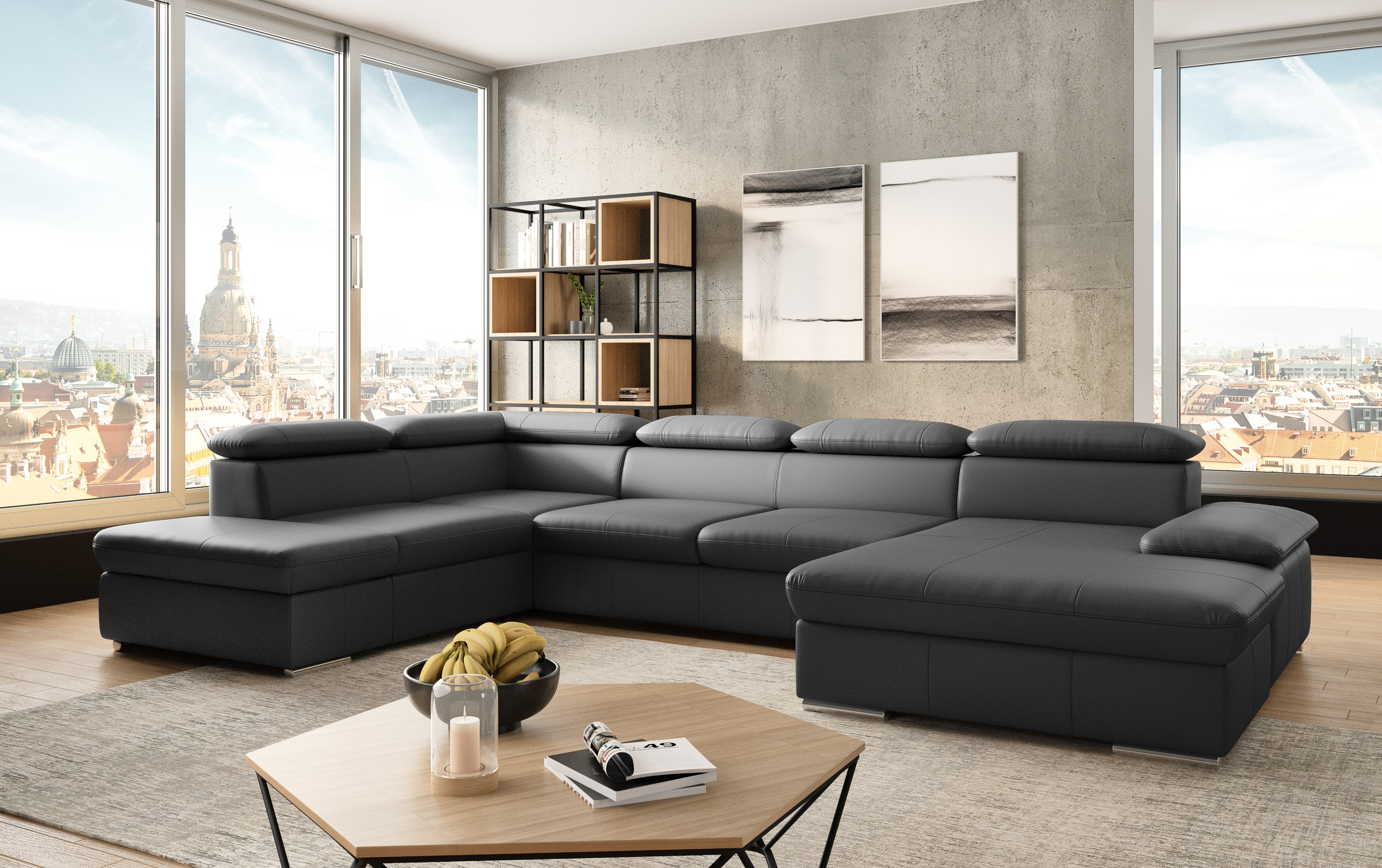 Wohnlandschaft SIT & MORE "Valantine U-Form, B: 349 cm", schwarz, B:349cm H:73cm T:226cm, Sofas, inkl. Kopf- und Armteilverstellung, wahlweise mit Bettfunktion Image