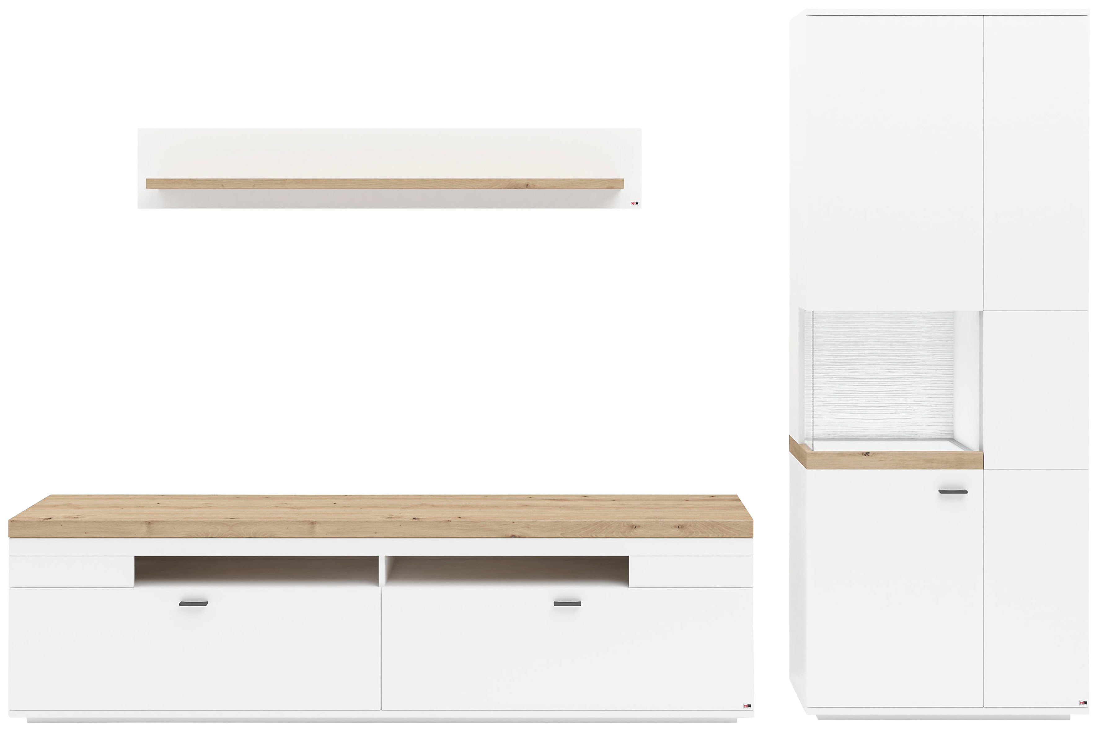 Wohnwand "Lancaster", weiß (weiß mit eiche artisan), B:300cm H:206,2cm T:43,6cm, SET ONE BY MUSTERRING, Kastenmöbel-Sets, 3-teilig mit Fronten in weiß oder grau, Breite ca.300cm