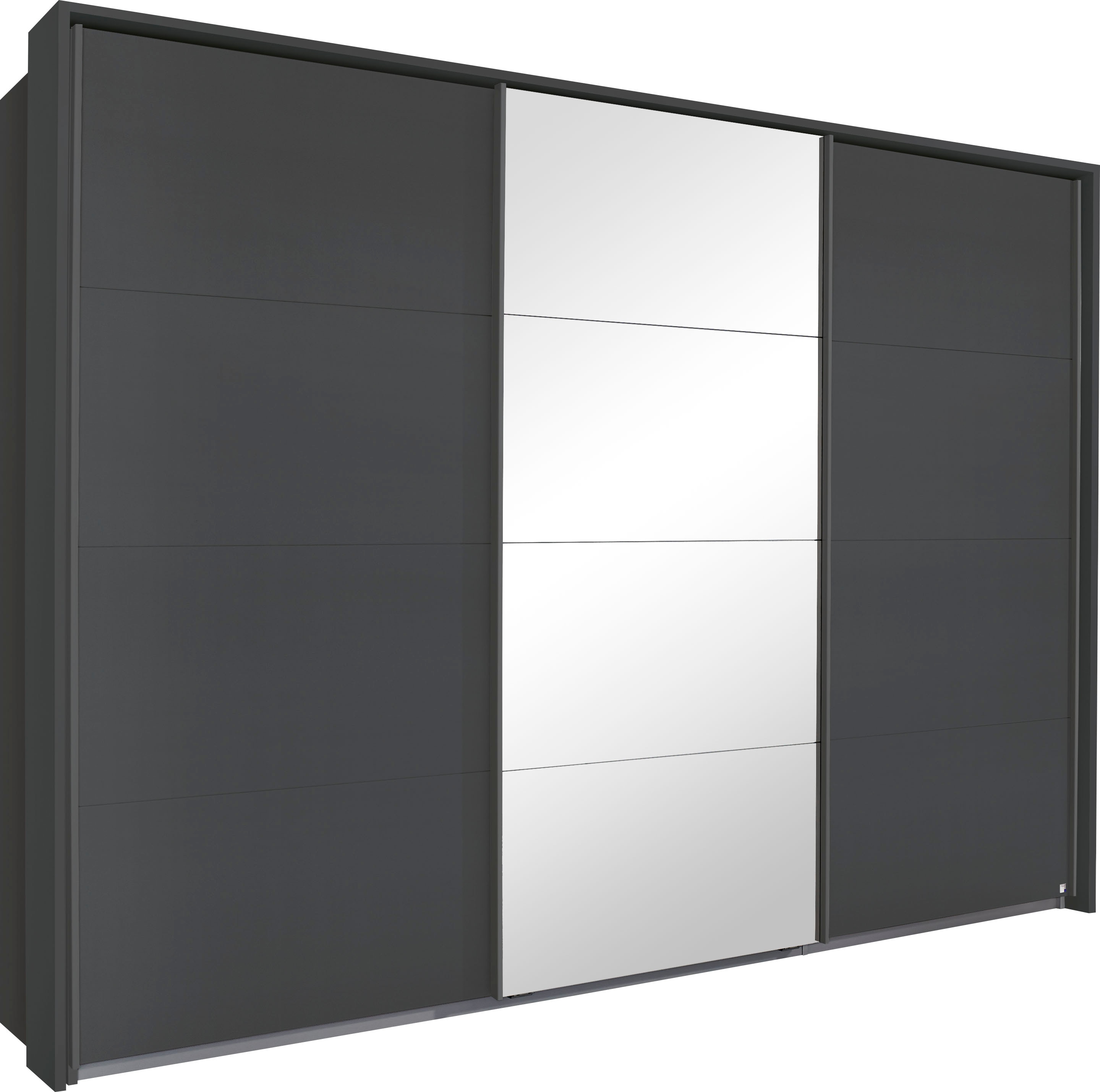 Schwebetürenschrank RAUCH "Kleiderschrank Schrank Garderobe Schlafzimmerschrank TUBONA", grau (graumetallic), B:278cm H:233cm T:64cm, Holzwerkstoff, Schränke, Schwebetürenschrank Kleiderschrank, mit umfangreicher Innenausstattung und Passepartout...