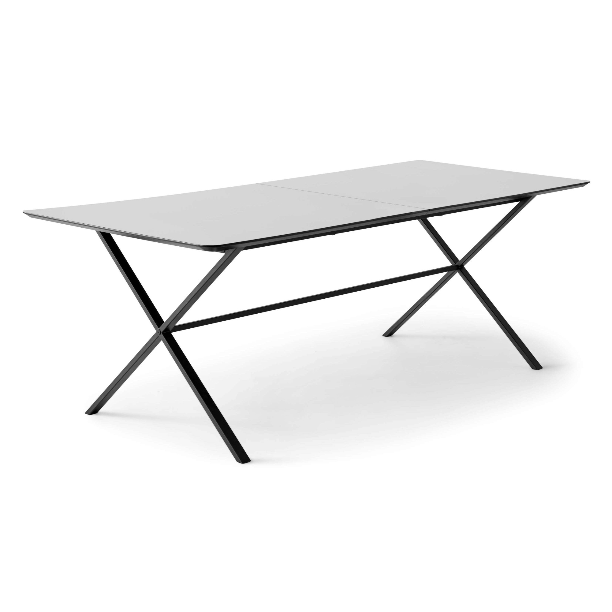 Esstisch HAMMEL FURNITURE "Meza Designtisch mit Auszugsfunktion und 2 Einlegeplatten", weiß (weiß, schwarz, weiß), B:165cm H:74cm T:90cm, Tischplatte: Weiss Laminat (schwarzer Rand), Gestell: Pulverbeschichtetes schwarzes Metall, RAL9005 matt.,...