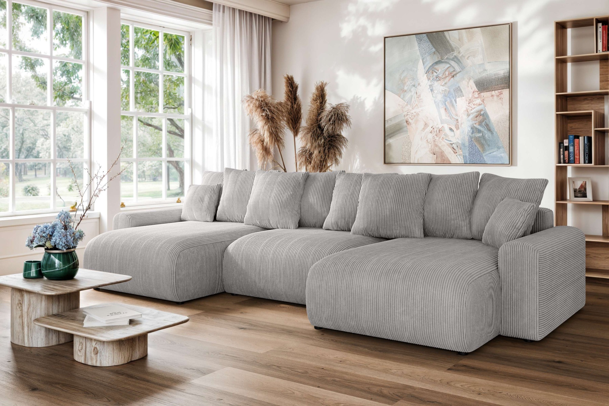 Wohnlandschaft HOME AFFAIRE "LAKESIDE mit Bettfunktion und Bettkasten, Maße B/T/H: 332,5/142/84 cm", grau (hellgrau), B:332,5cm H:84cm T:142cm, 100% Polyester, Sofas, Wohnlandschaft, U‑Form mit vielen Kissen und Wellenunterfederung, Topseller