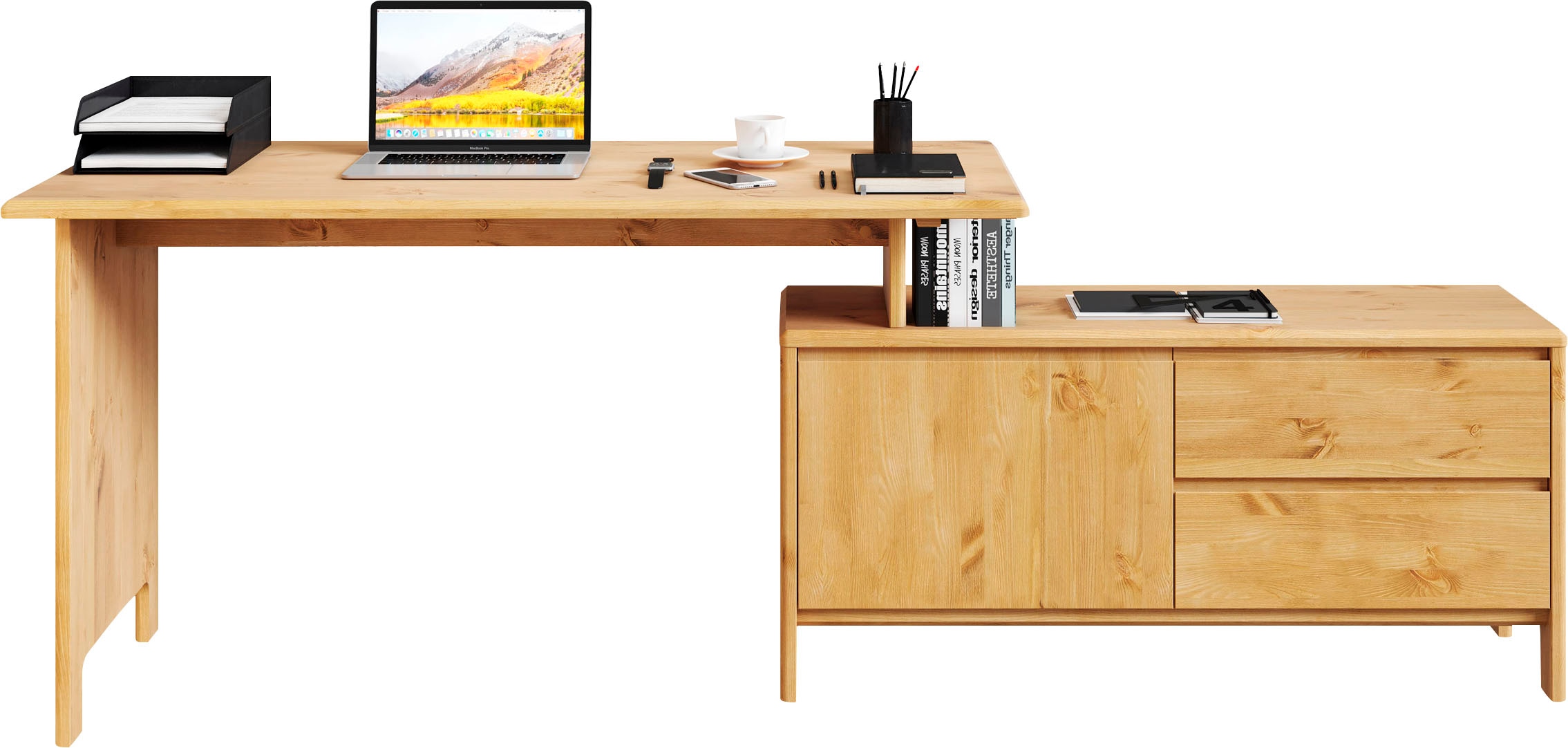 Schreibtisch HOME AFFAIRE "Luven, aus Massivholz", beige (natur), B:140cm H:76cm T:60cm, Tische, in 2 Breiten, variable Nutzung als Schreibtisch oder Eckschreibtisch