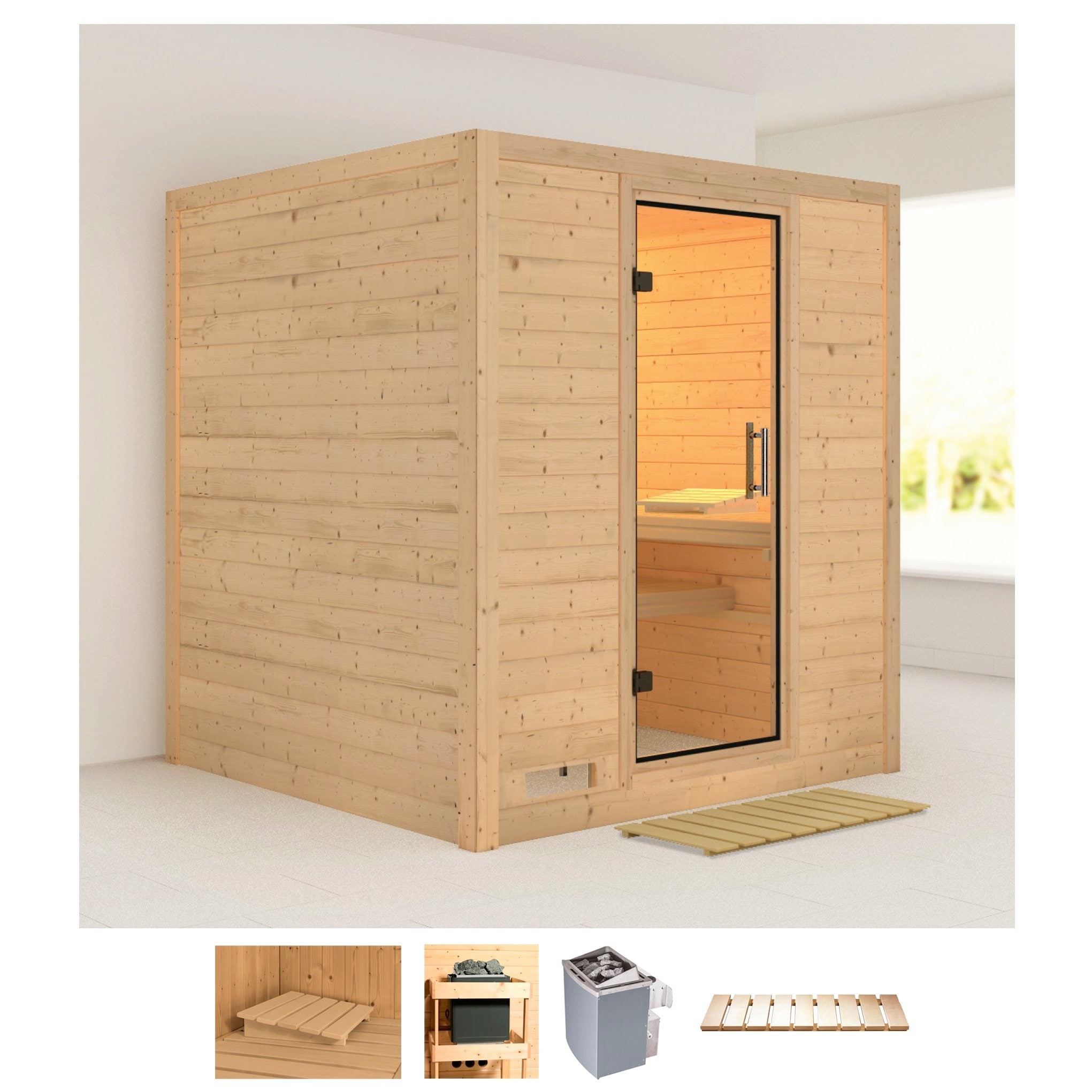Sauna KARIBU "Menja", beige (naturbelassen), Saunaofen, integrierte Steuerung, 9 kW, Saunen, 9-kW-Ofen mit integrierter Steuerung Image