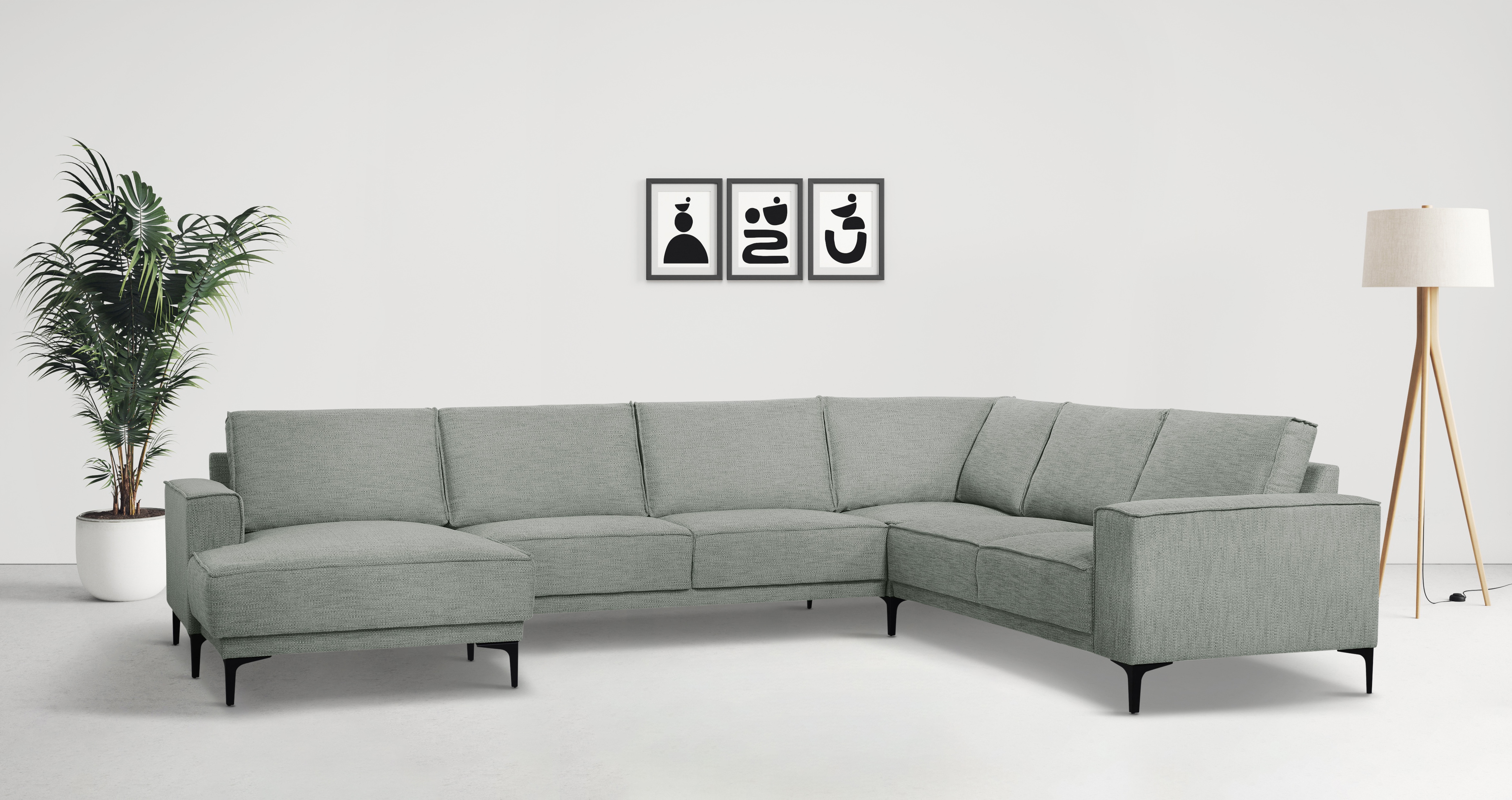 Wohnlandschaft OTTO HOME "XXL Sofa Oland, Struktur, Flachgewebe, Luxus-Microfaser, Boucle", blau (sapphire), B:342cm H:85cm T:260cm, 100% Polyester, Sofas, Wohnlandschaft, U-Form, 342 cm, Wellenunterfederung, Skandi-Design, Metallfüße