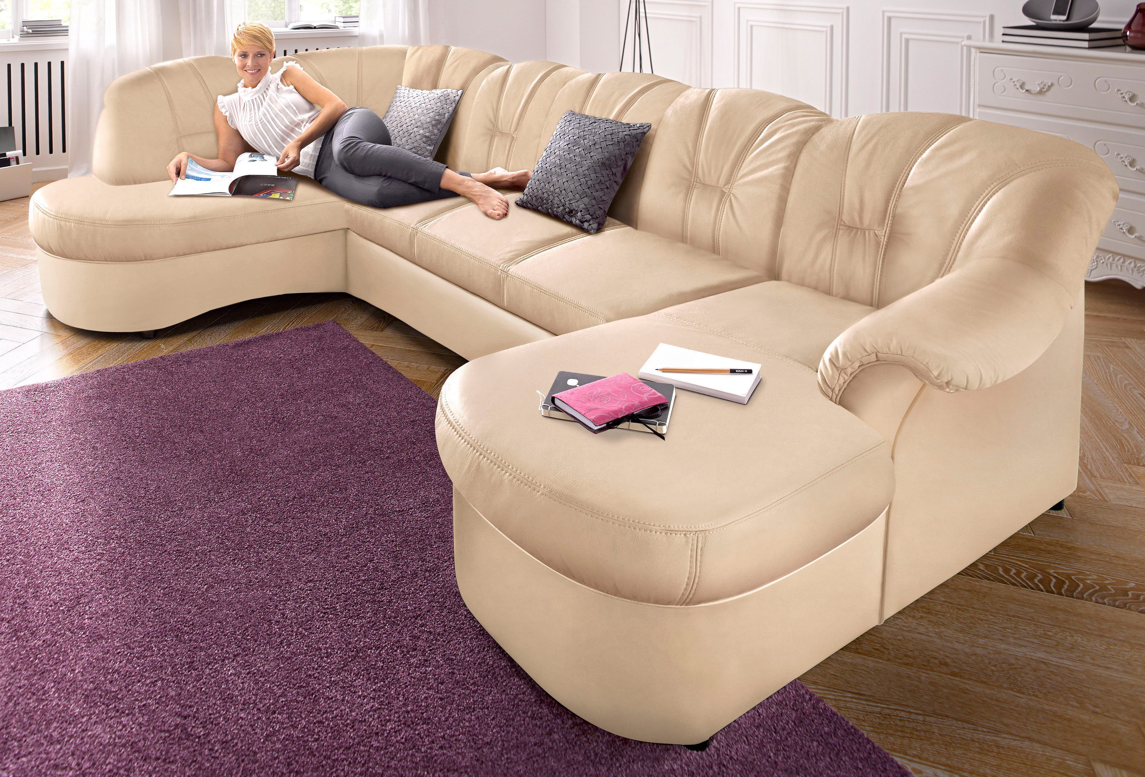 Wohnlandschaft DOMO COLLECTION "Flores auch in Leder-Bezug, B/T/H: 293/180/86 cm, U-Form", beige (creme), B:293cm H:84cm T:182cm, NaturLEDER (echtes Rindsleder) in Sitz und Rücken. Korpus in passendem Kunstleder SOFTLUX bezogen;Microfaser PRIMABELLE...