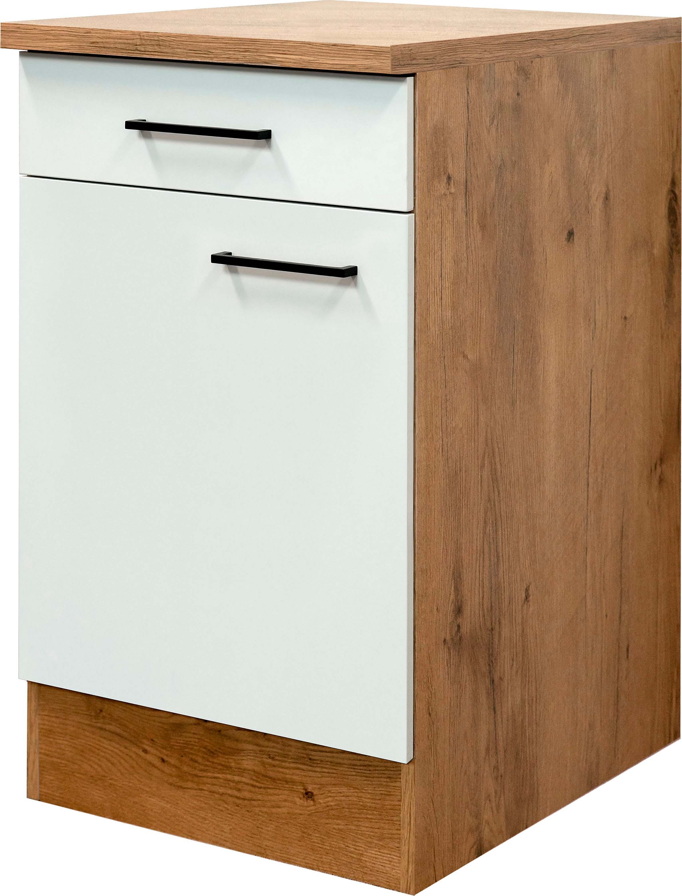 Unterschrank FLEX-WELL "Vintea", beige (magnolia matt, lancelot oak), B:50cm H:85cm T:60cm, Holzwerkstoff, Schränke, Küchenunterschrank, (B x H x T) 50 x 85 x 60 cm, mit Metallgriffen