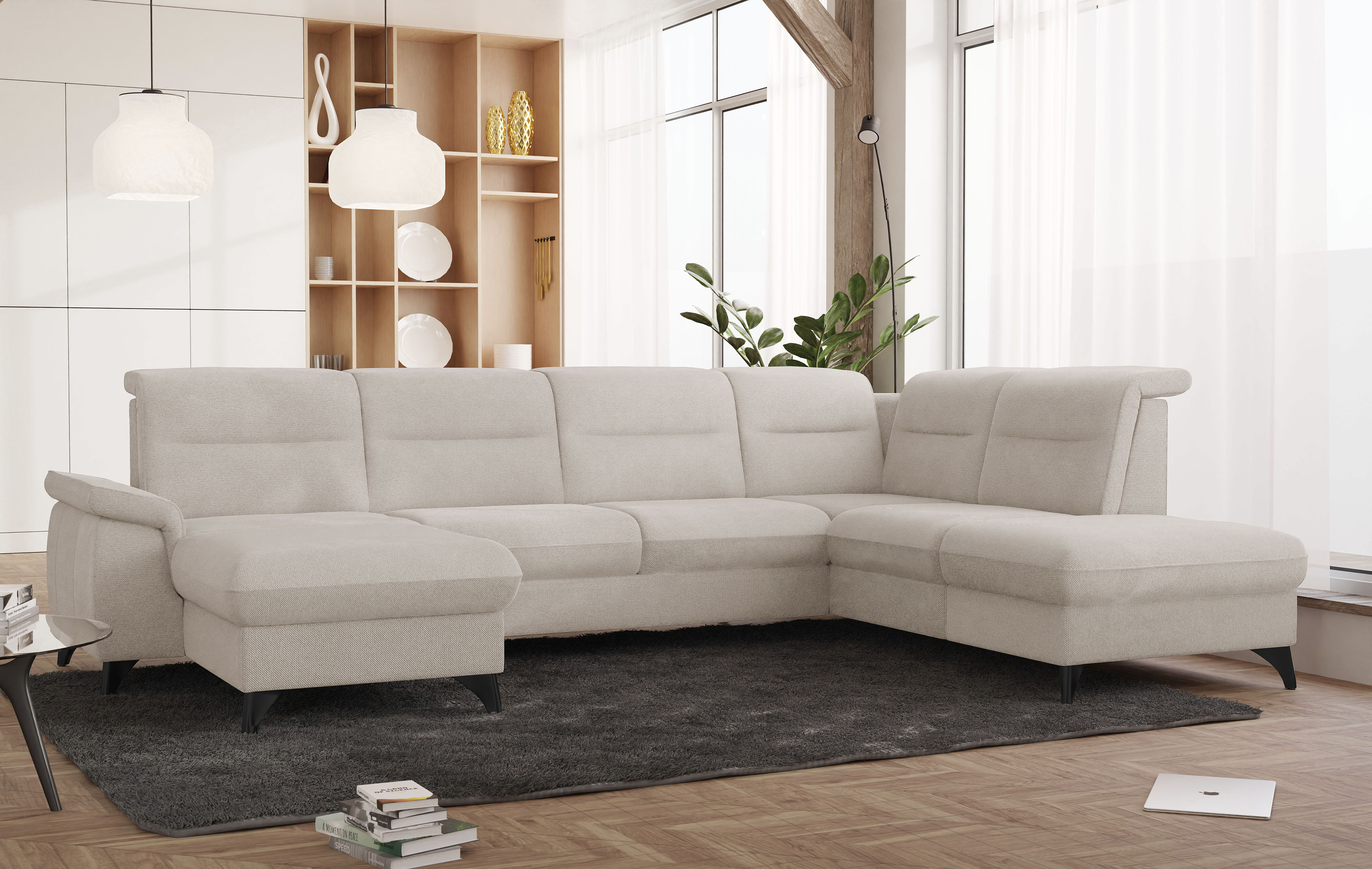 Wohnlandschaft SIT & MORE "Astoria U-Form", beige (nature), B:329cm H:91cm T:225cm, 100% Polyester, Sofas, wahlweise mit motorischer Relaxfunktion Image
