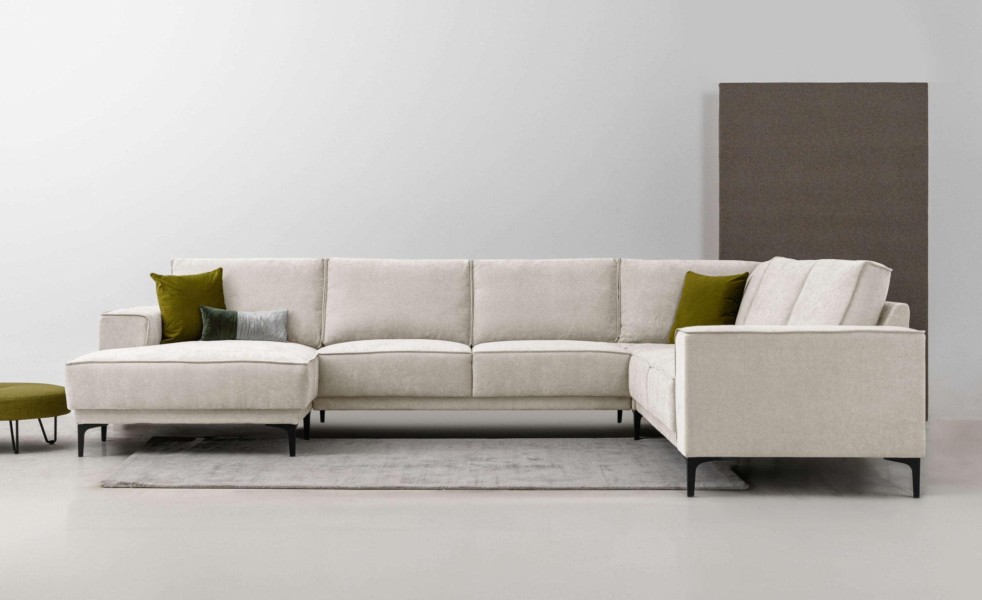 Wohnlandschaft OTTO HOME "XXL Sofa Oland, Struktur, Flachgewebe, Luxus-Microfaser, Boucle", braun (latte), B:342cm H:85cm T:260cm, 100% Polyester, Sofas, Wohnlandschaft, U-Form, 342 cm, Wellenunterfederung, Skandi-Design, Metallfüße