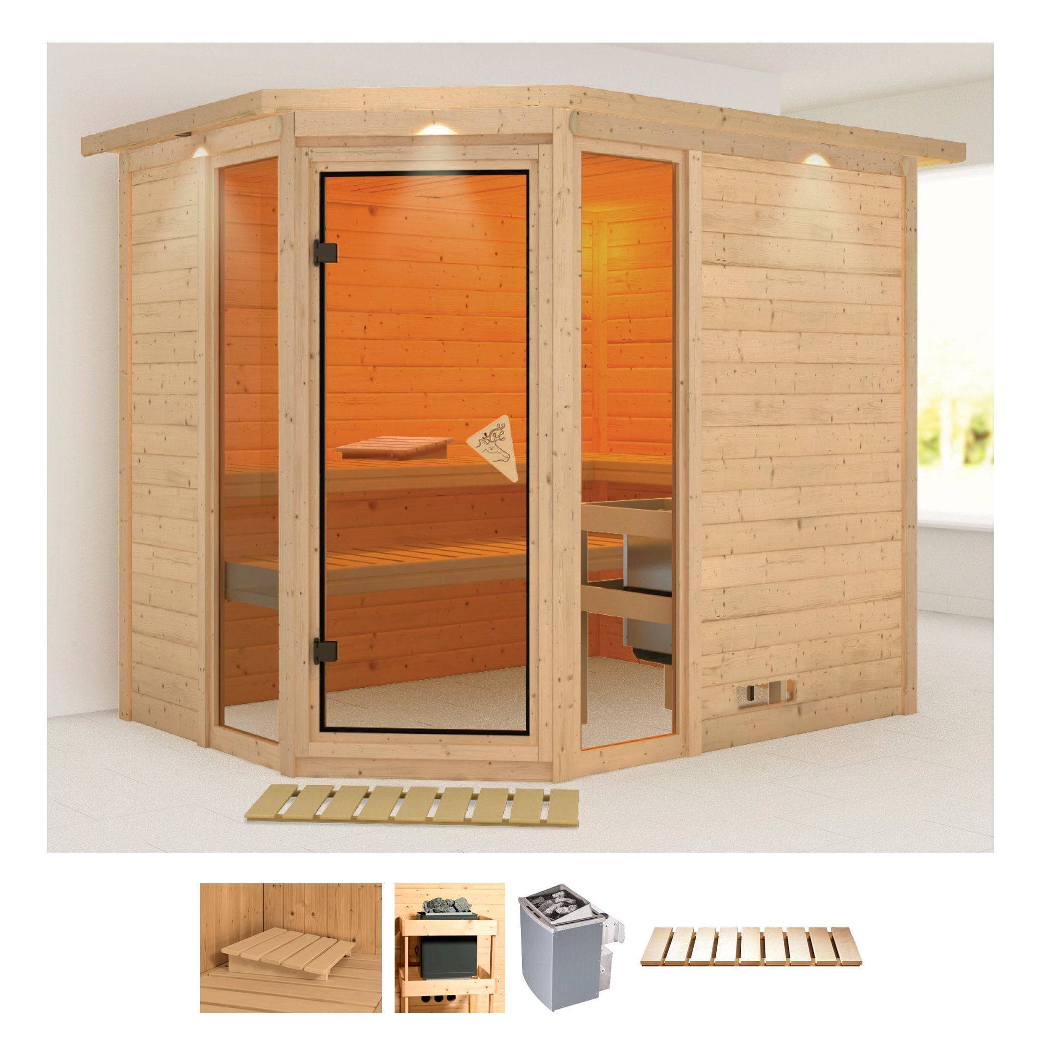 Sauna KARIBU "Sina 3", beige (naturbelassen), Saunaofen, integrierte Steuerung, 9, Saunen, 9-kW-Ofen mit integrierter Steuerung Image