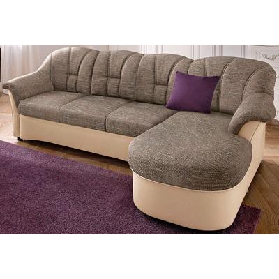 Ecksofa DOMO COLLECTION "Flores Schlafsofa, B/T/H: 233/142/86 cm, L-Form", braun (creme, beige, braun), B:231cm H:84cm T:142cm, Kunstleder SOFTLUX / Struktur ( 90% Polyester, 10% Polyacryl ), NaturLEDER (echtes Rindsleder) in Sitz und Rücken. Korpus... Image