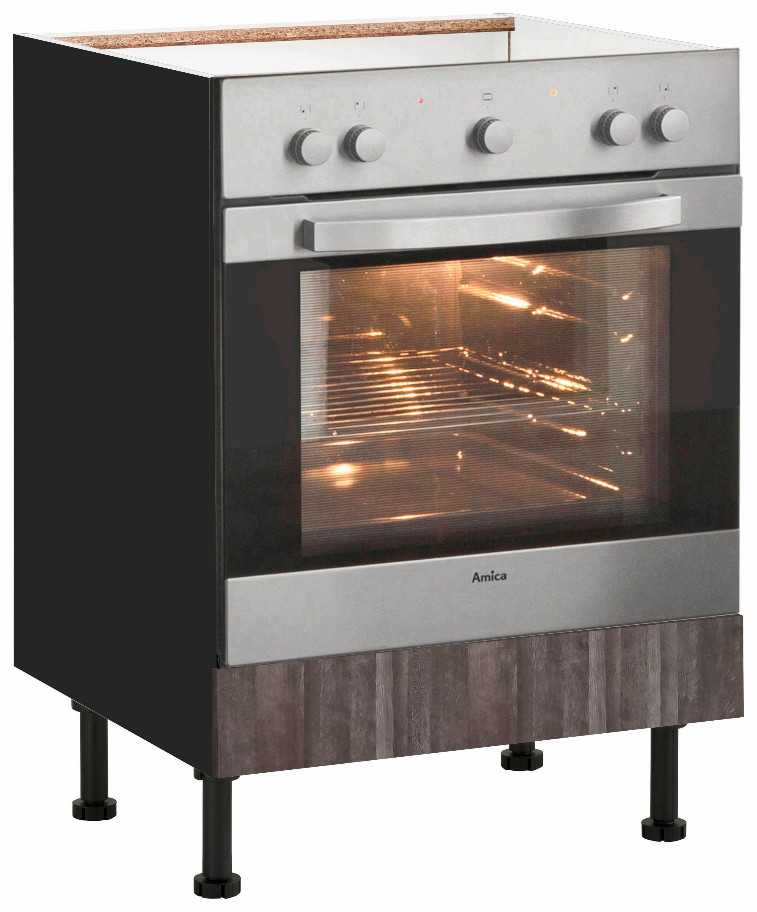 Herdumbauschrank WIHO KÜCHEN "Nisos", braun (front: aberdeen dunkel, korpus: schwarz), B:60cm H:86,5cm T:58cm, Schränke, Herdumbauschrank, 60 cm breit, mit verstellbaren Füßen, ohne Arbeitsplatte