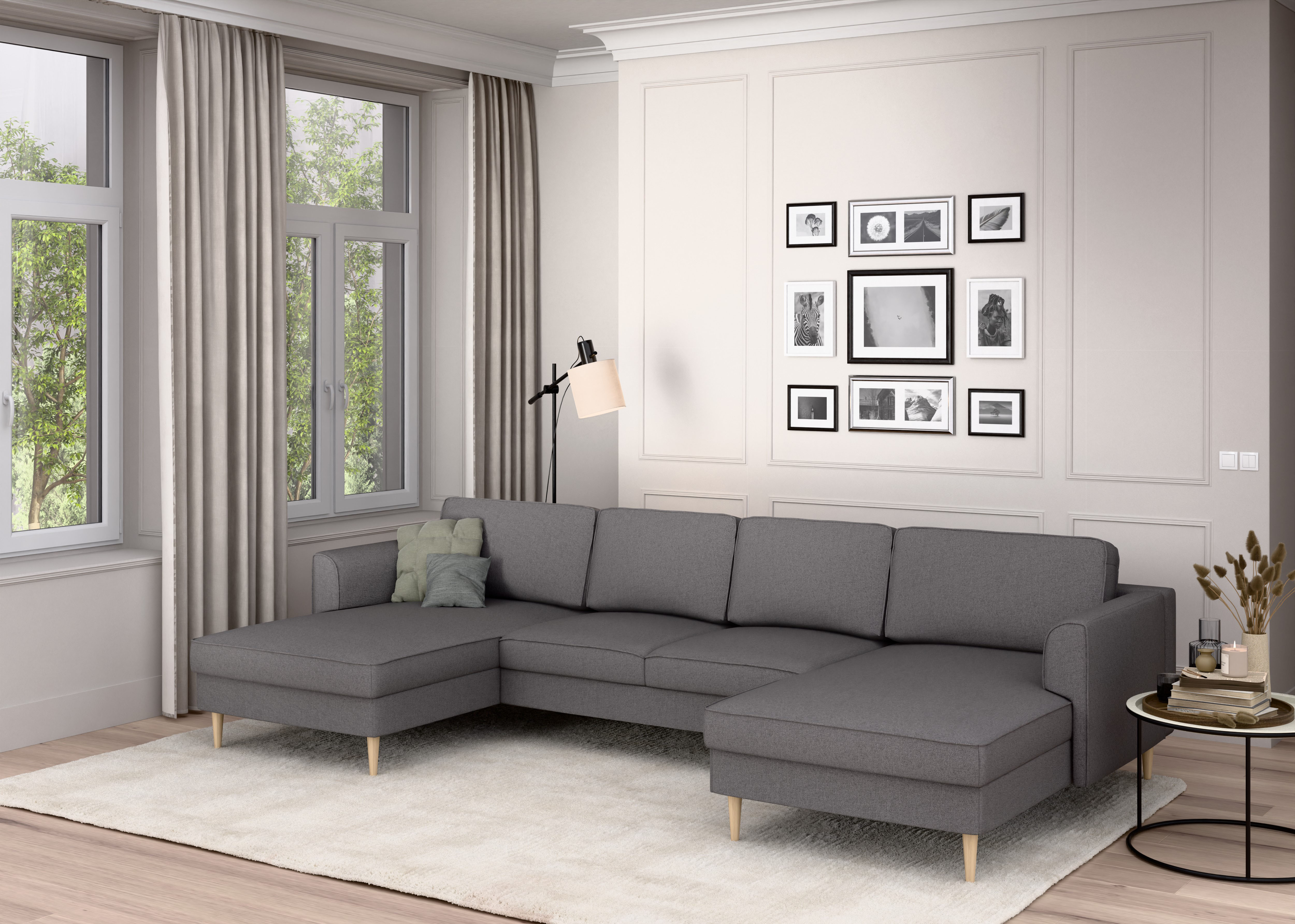 Wohnlandschaft HOME AFFAIRE "Booster, whlw. mit Schlaffunktion & Bettkasten, Fuß Buche lackiert", grau (anthrazit), B:305cm H:83cm T:161cm, 100% Polyester, Sofas, Sofa in U-Form, Breite 305 cm