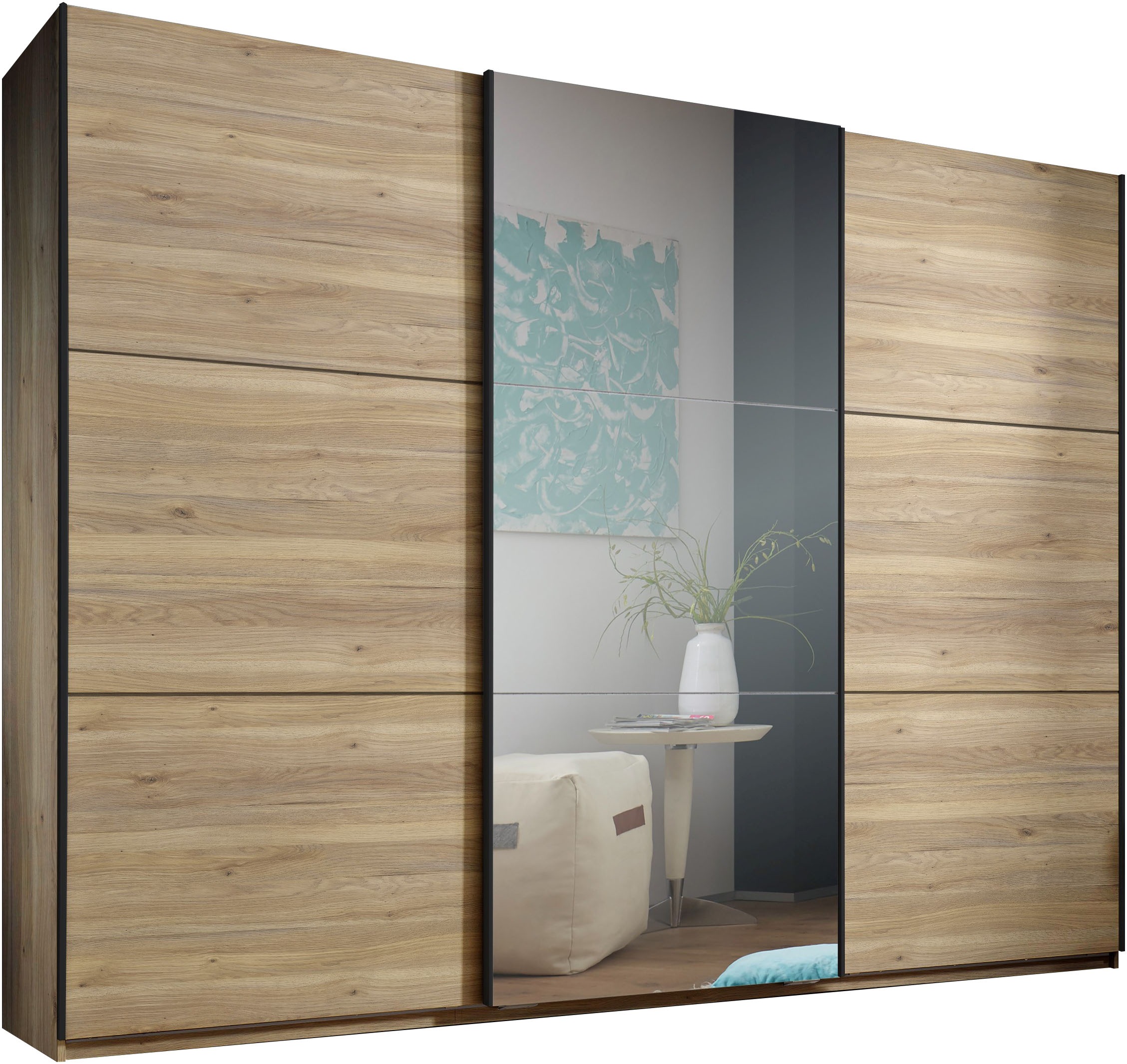 Schwebetürenschrank SCHLAFKONTOR "Bravo Kleiderschrank, Schiebetürenschrank", mauvella oak, B:270cm H:210cm T:60cm, Holzwerkstoff, Schränke, Schwebetürenschrank, mit Spiegeltür, wahlweise mit Zubehör