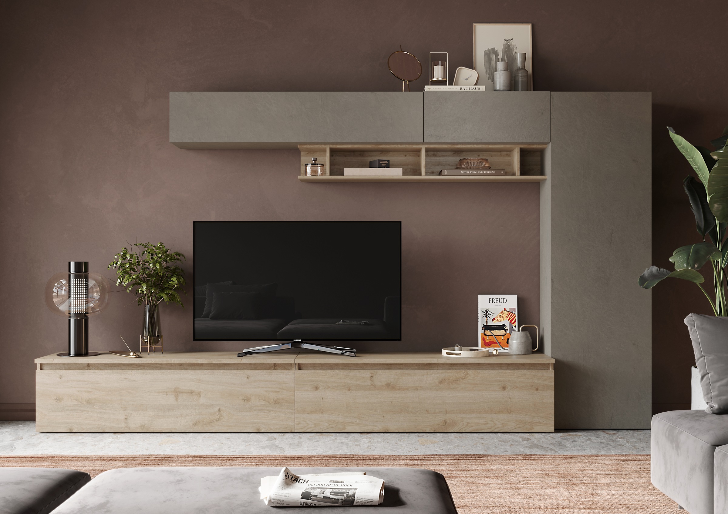 Wohnwand INOSIGN "Infinity, 6tlg. Breite 331 cm, Höhe variabel, Schrankwand, Anbauwand", braun (lehmfarben (argilla), eiche cadiz nb), B:331cm H:186cm T:40cm, Holzwerkstoff, Kastenmöbel-Sets, Wohnwand, (2x Lowboard, 2x Hängeschrank, Wandregal,...