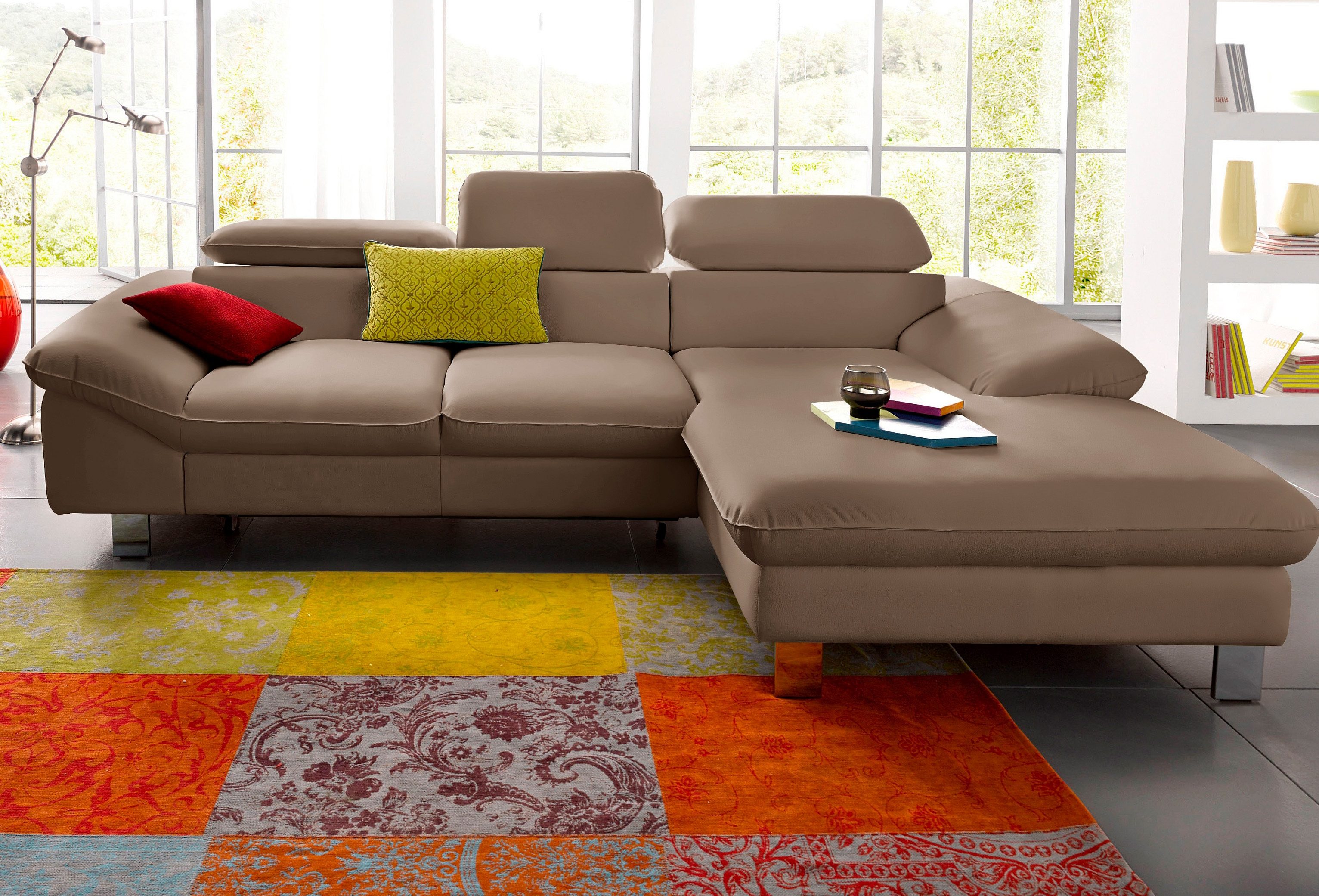 Ecksofa COTTA "Driver L-Form", grau (stein), B:268cm H:73cm T:169cm, LEDER BEEFY (ein abgedecktes Spalt-Rindsleder) im Sitz und Rücken (Korpus in Kunstleder);Luxus-Kunstleder;Kunstleder SOFTLUX;NaturLEDER (echtes Rindsleder), Rückseite mit schwarzem... Image
