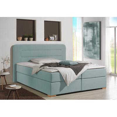 Boxspringbett HOME AFFAIRE "Manchester", blau (petrol), B:220cm L:208cm, Strukturstoff-Bezug (100% Polyester), Komplettbetten, Boxspringbett, 5 Breiten, 3 Ausführungen, 2 Härtegraden, Topper, Steppung Image