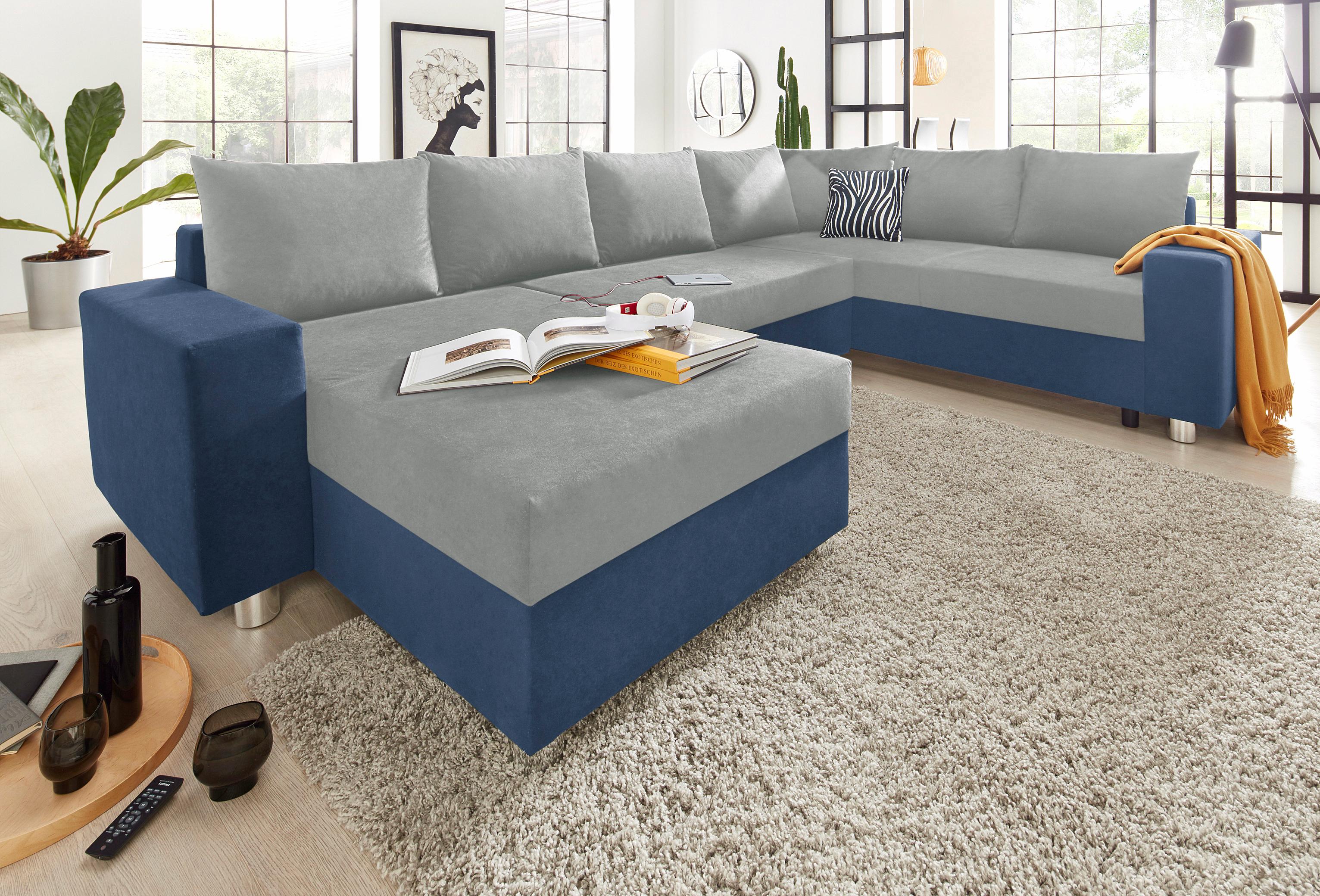 Wohnlandschaft COLLECTION AB "Paris U-Form", blau (blau, hellgrau), B:310cm H:85cm T:212cm, Kunstleder SOFTLUX / Struktur (100% Polyester);Microfaser PRIMABELLE (100% Polyester);Zierkissen: 100% Polyester;Microfaser PRIMABELLE (100% Polyester) /...