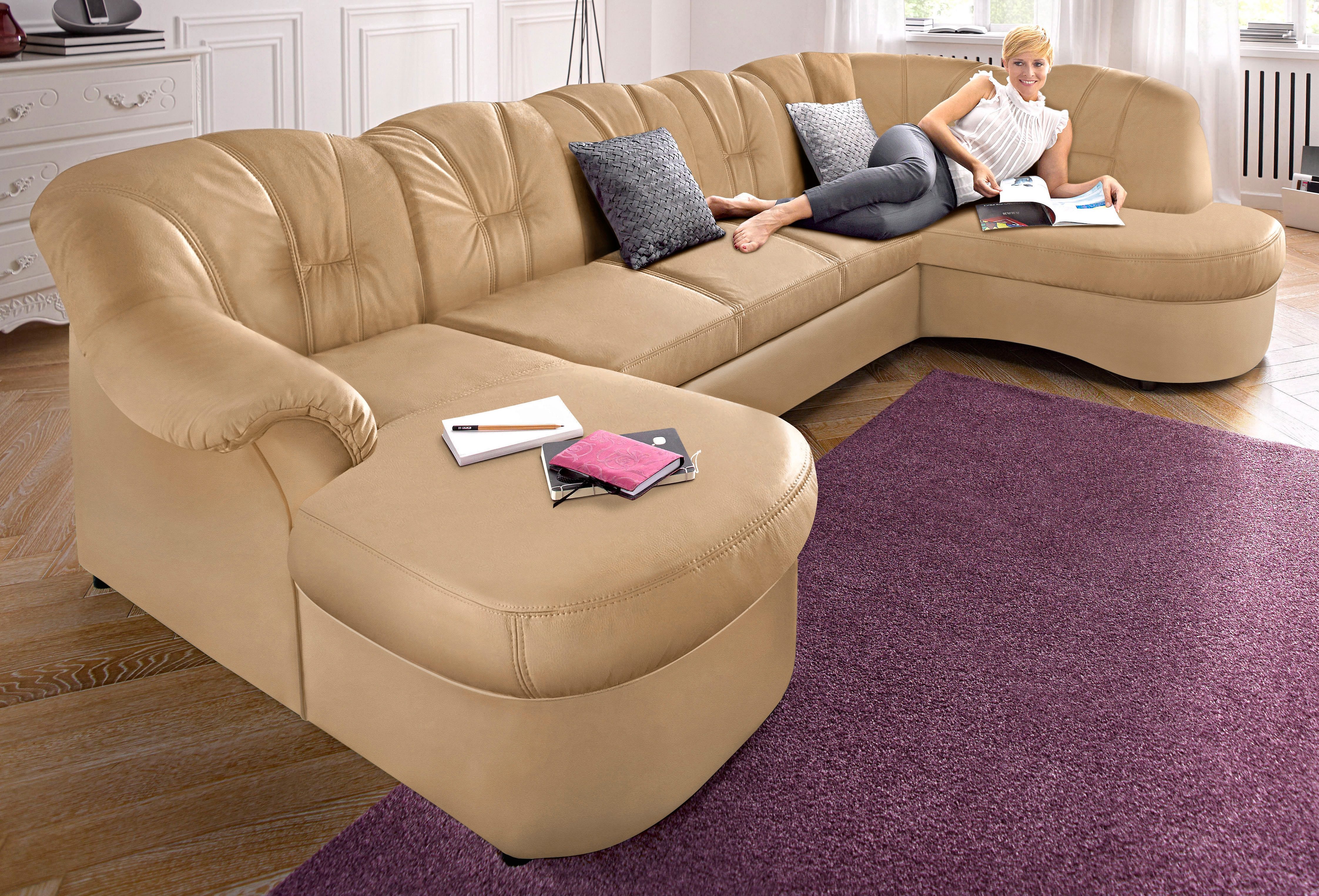 Wohnlandschaft DOMO COLLECTION "Flores auch in Leder-Bezug, B/T/H: 293/180/86 cm, U-Form", beige (sand), B:293cm H:84cm T:182cm, NaturLEDER (echtes Rindsleder) in Sitz und Rücken. Korpus in passendem Kunstleder SOFTLUX bezogen;Microfaser PRIMABELLE...