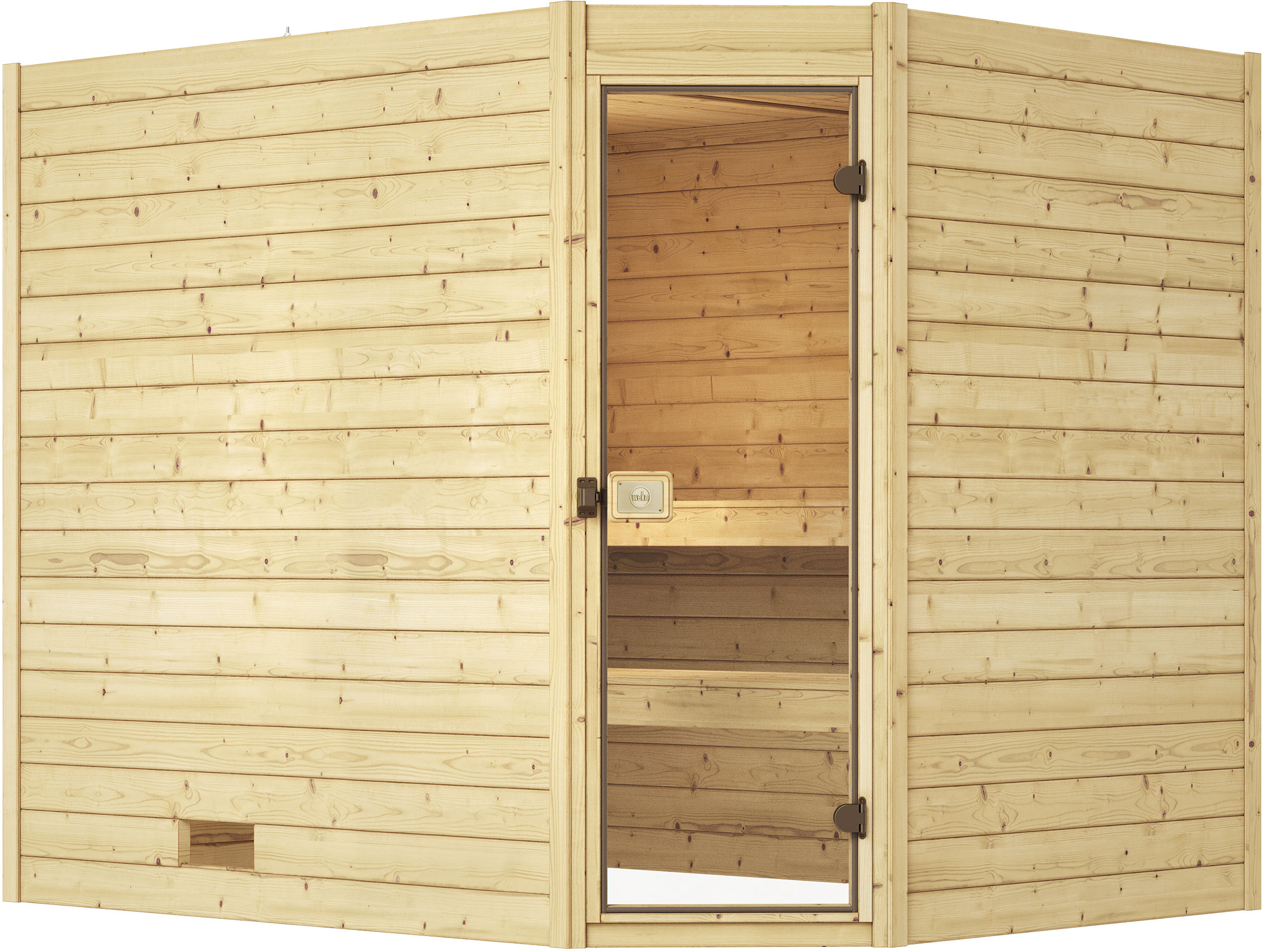 Sauna WEKA "Massivholzsauna VALIDA Eck 3", beige (natur), Saunaofen, externe Steuerung, 7,5 kW, Saunen, Blockbohlen, moderne Ganzglastür, Eckeinstieg Image