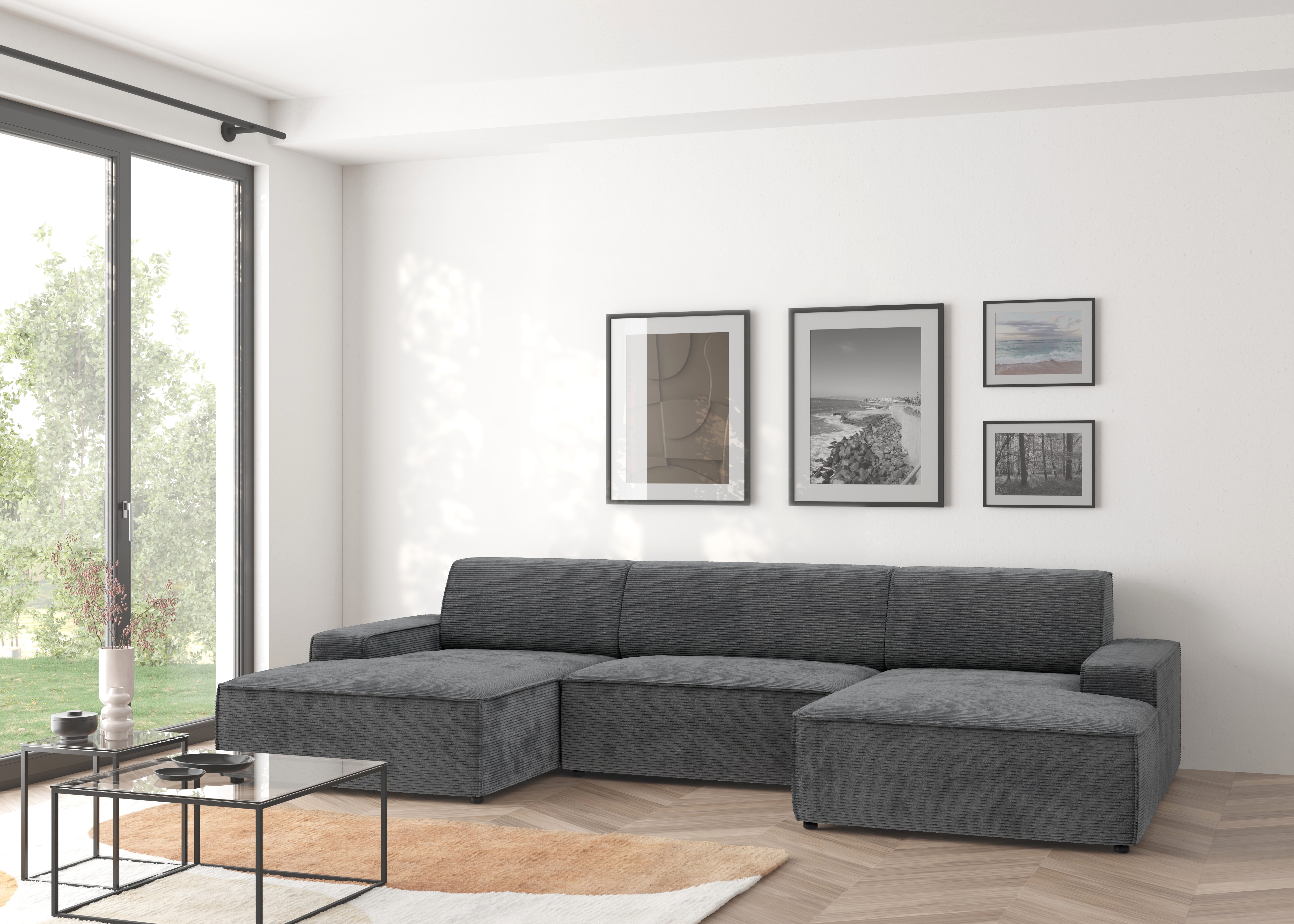 Wohnlandschaft TRENDMANUFAKTUR "Graz, wahlweise mit Sitzvorschub und Bettkasten, U-Form, Breite 329 cm", grau (dunkelgrau), B:329cm H:73cm T:162cm, 92% Polyester, 8% Polyamid, Sofas, in Cord-, haustierfreundlichem LEO Struktur- oder LUMOS-3D-Bezug Image