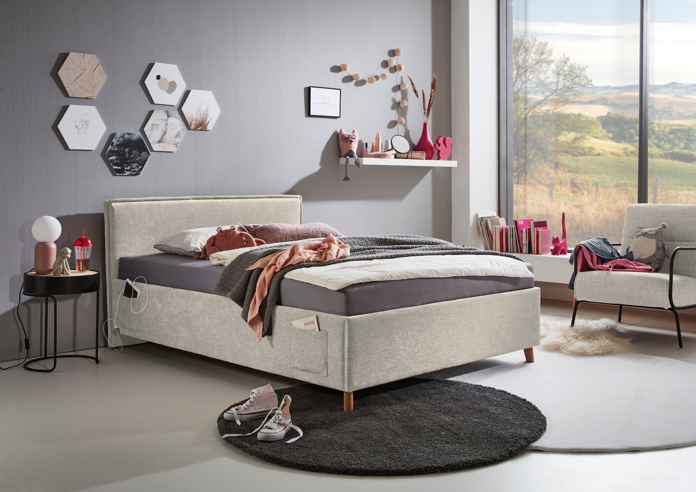 Kinderbett MEISE.MÖBEL "FUN", beige (beige, beige), B:103cm L:215cm, Betten, Kinderbett, Polsterbett wahlweise mit Bettkasten, Jugendbett inkl. USB-Anschluss