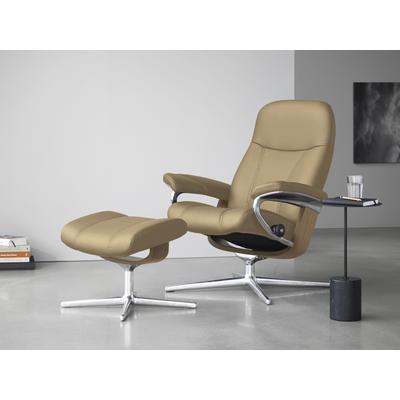 Relaxsessel STRESSLESS "Consul", beige (sand paloma), B:82cm H:102cm T:72cm, Leder PALOMA: PALOMA ist ein durchgefärbtes Semianilin-Möbelleder mit natürlicher Narbung., Sessel, mit Hocker, mit Cross Base, Größe S, M & L, Holzakzent Eiche Image