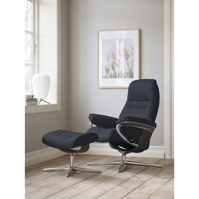 Fußhocker STRESSLESS "Sunrise", blau (shadow blau paloma), B:57cm H:42cm T:40cm, Leder PALOMA: PALOMA ist ein durchgefärbtes Semianilin-Möbelleder mit natürlicher Narbung., Hocker, mit Cross Base, Größe S, M & L, Holzakzent Wenge Image