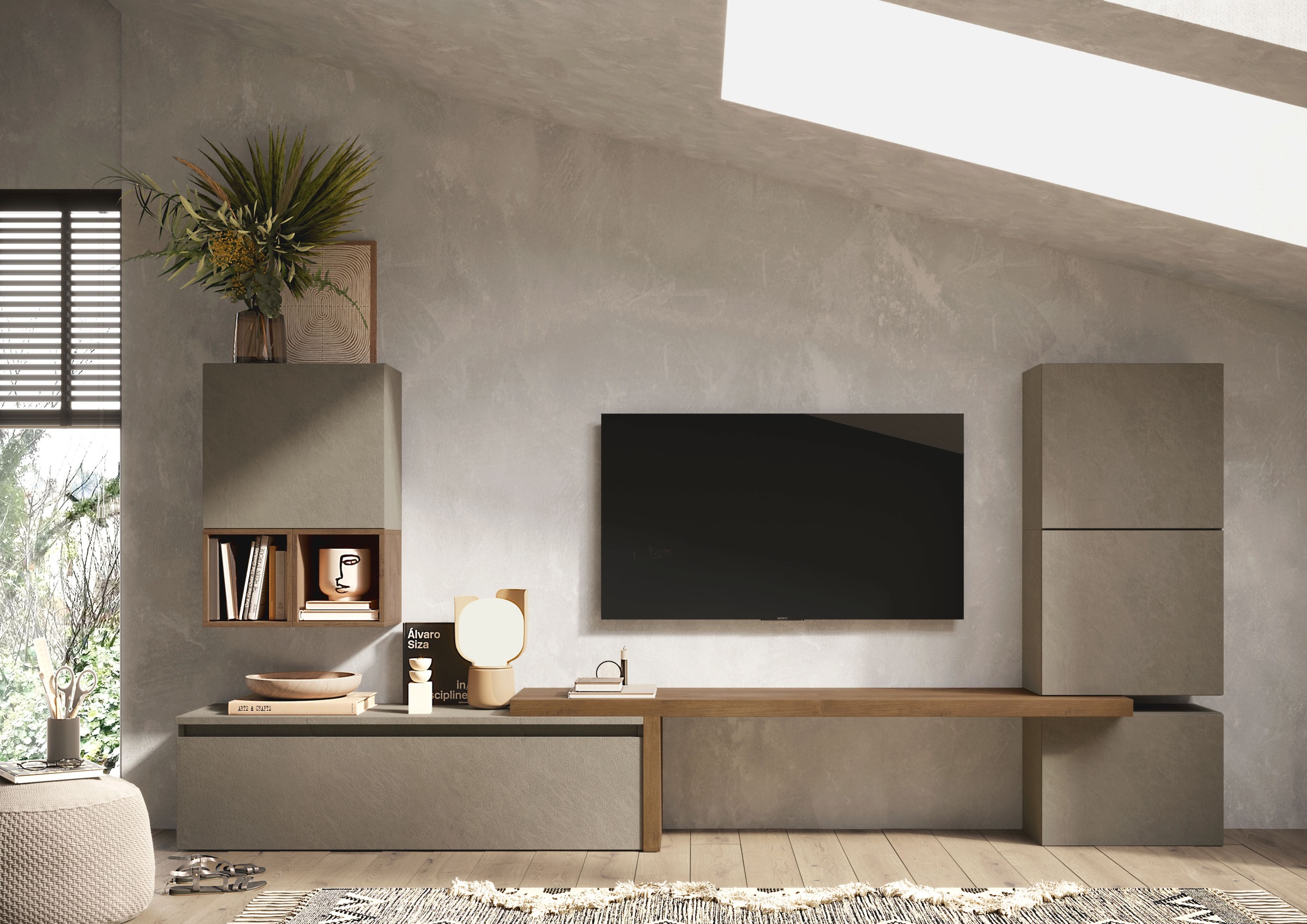 Wohnwand HOME AFFAIRE "Infinity, 7tlg. Breite 290 cm, Höhe variabel, Schrankwand, Anbauwand", braun (lehmfarben (argilla), mercure nb holzstruktur), B:290cm H:140cm T:40cm, Kastenmöbel-Sets, Wohnwand, (Lowboard, T-Boden, 3x Hängewürfel, Würfelregal...