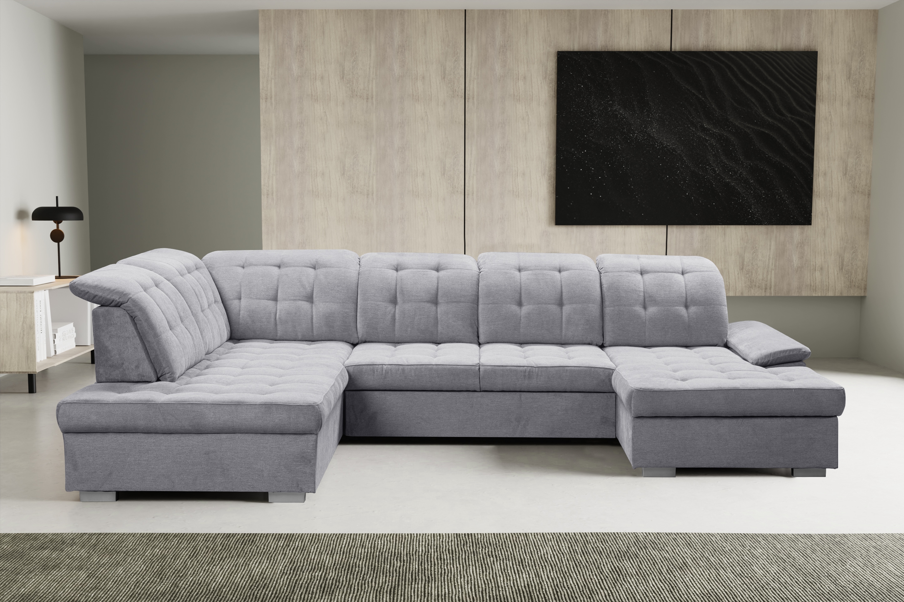 Wohnlandschaft WERK2 "Kordula-New Multifunktion Couch, Breite 332cm, bequem, U-Form", grau (hellgrau), B:332cm H:105cm T:217cm, 95% Polyester, 5% Nylon, Sofas, Wohnlandschaft, Sofa in U-Form mit Schlaffunktion & Bettkasten, Schlafcouch