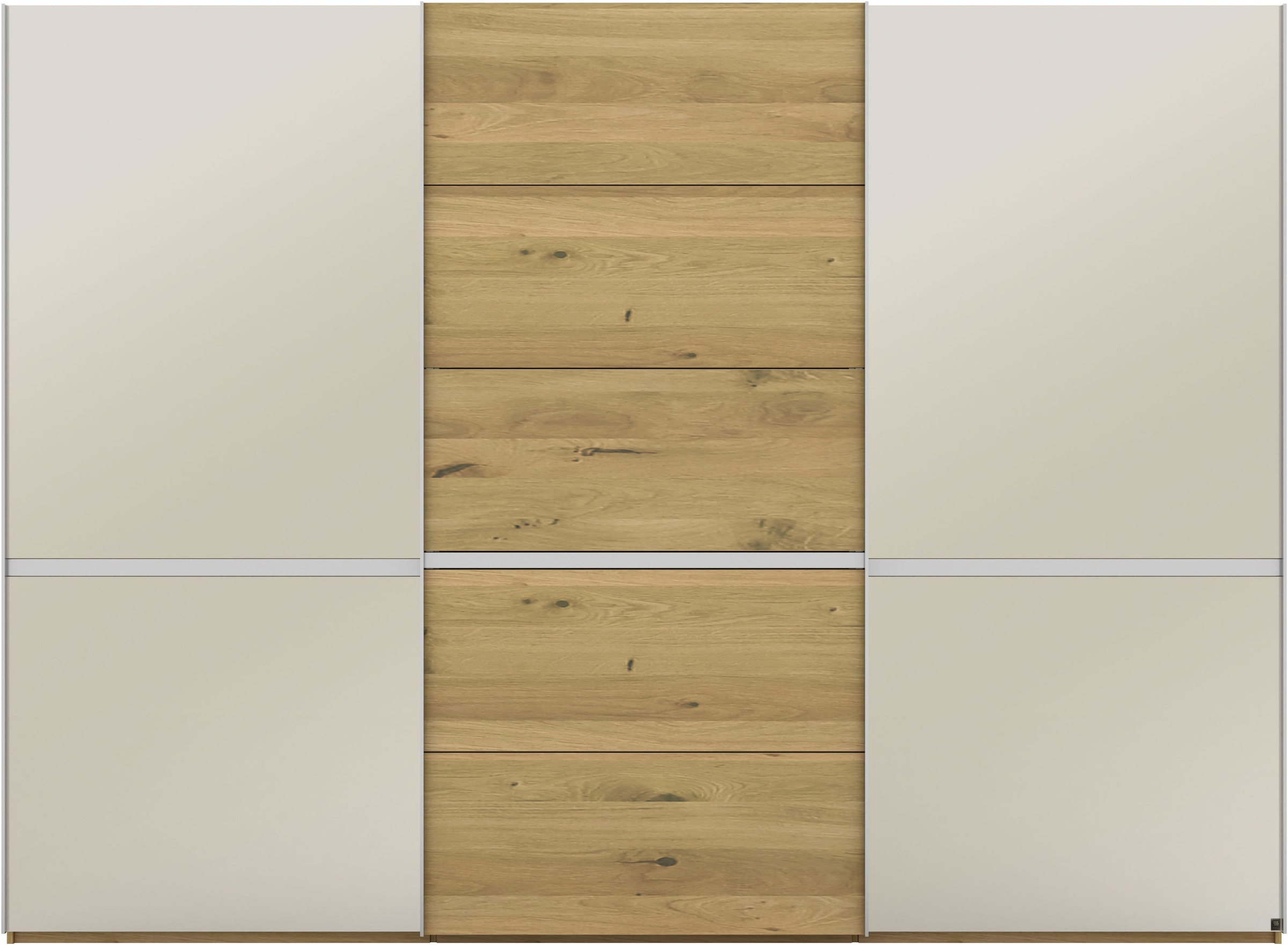 Schwebetürenschrank MUSTERRING "Savona, Kleiderschrank, Schrank, Garderobe, mit Schiebetüren", braun, B:300cm H:217cm, Schränke, Türen Bianco-Eiche massiv, Spiegel-/Glastüren, eingelegte Chromleiste