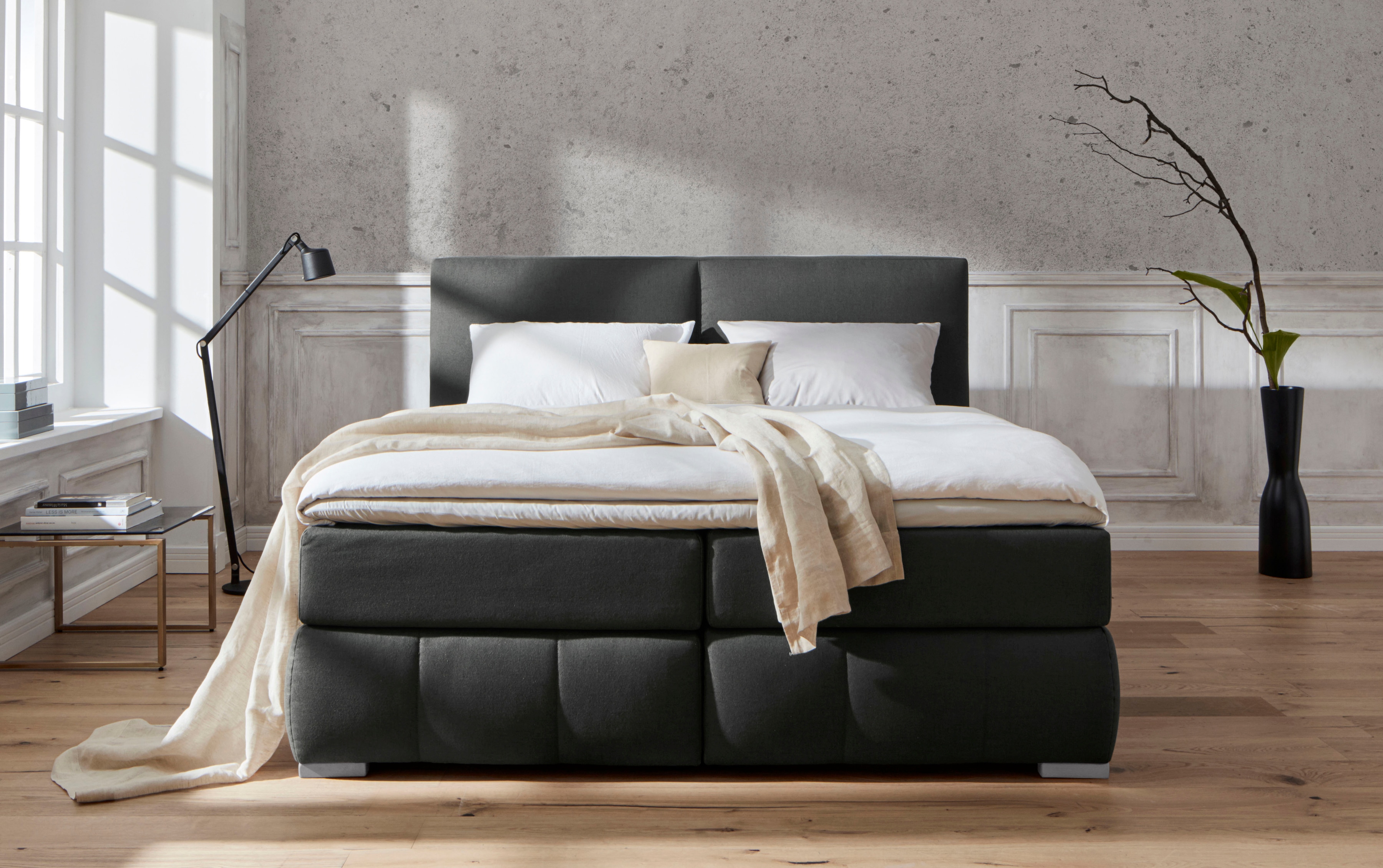 Boxspringbett HOME AFFAIRE "Wehma", grau (anthrazit), B:190cm L:213cm, Struktur fein (100% Polyester), Komplettbetten, Boxspringbett, inkl. Topper in 3 verschiedenen Matratzen, auch in Samtstoff Image