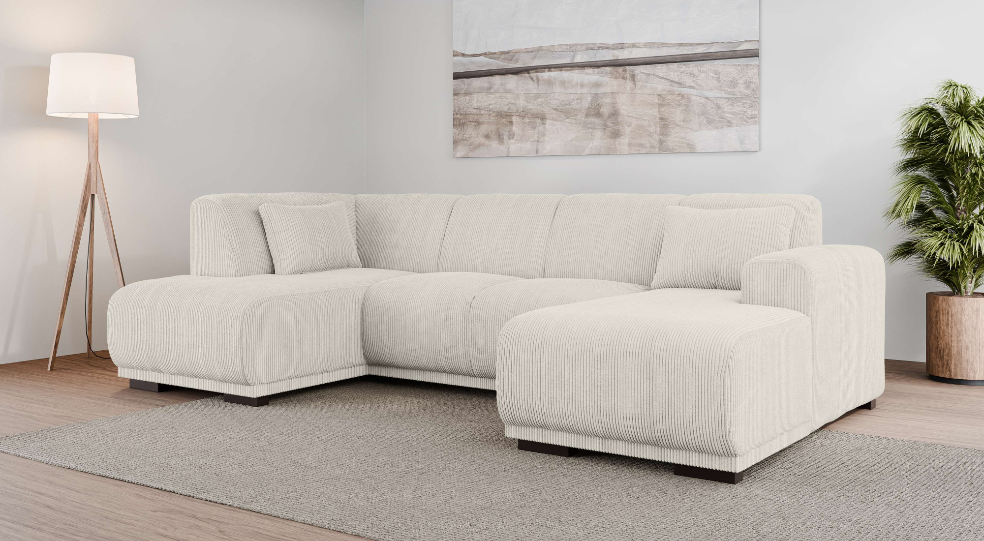 Wohnlandschaft HOME AFFAIRE "BORNHOLM U-Form mit Recamiere rechts/links, B/T/H: 300/162/85 cm", beige (creme), B:300cm H:85cm T:162cm, 100% Polyester, Sofas, Wohnlandschaft, U-Form mit Wellenunterfederung, Recamiere rechts oder links bestellbar