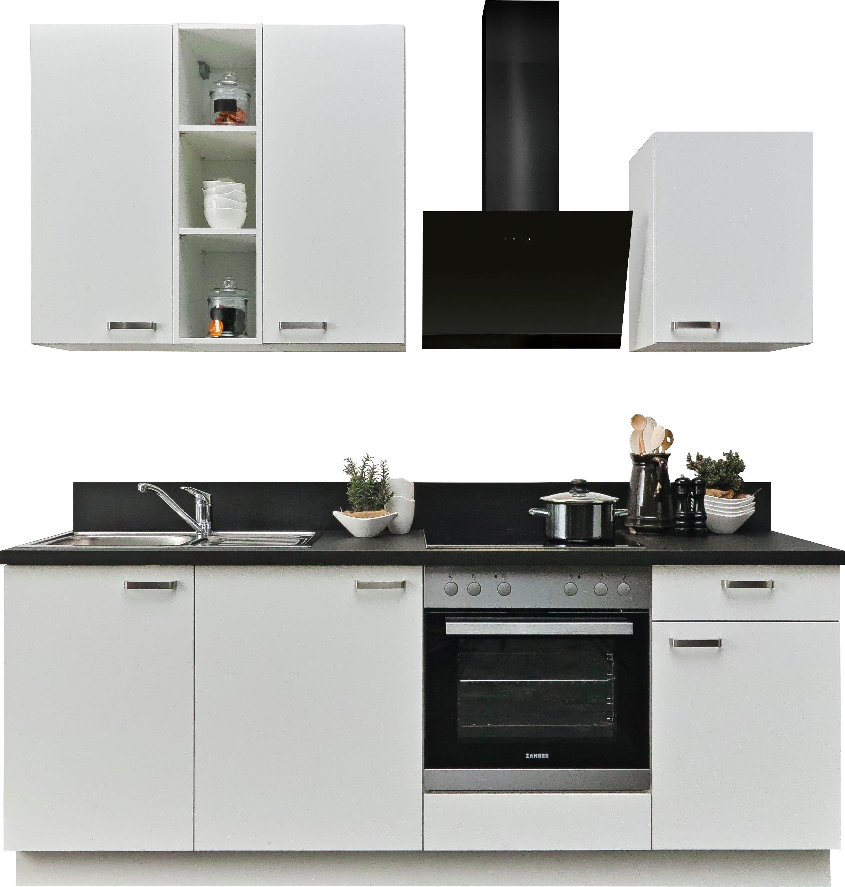 Küchenzeile KOCHSTATION "KS-Bari", wahlw. mit E-Geräten", weiß (küche: weiß, korpus: weiß, arbeitsplatte: schwarz steinstruktur), B/H/T: 220cm x 60cm, ohne E-Geräte, Komplettküchen-Sets, Küchenzeile, Soft-Close-Funktion und Vollauszug, vormontiert,... Image
