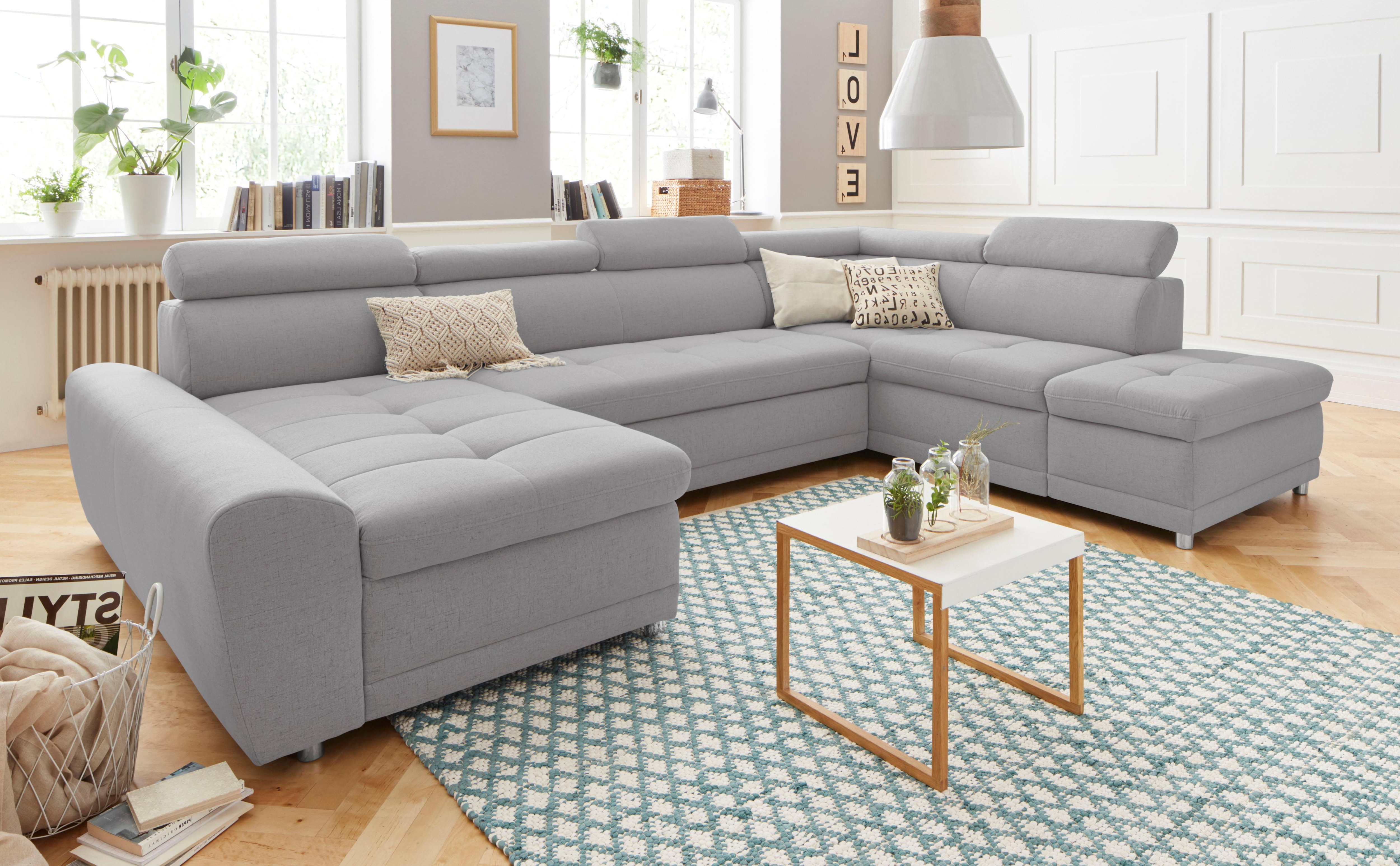 Wohnlandschaft SIT & MORE "Riva U-Form", grau, B:337cm H:92cm T:95cm, Struktur (100% Polyester);Flachgewebe (100% Polyester);Luxus-Microfaser (100% Polyester), Sofas, wahlweise mit Bettfunktion