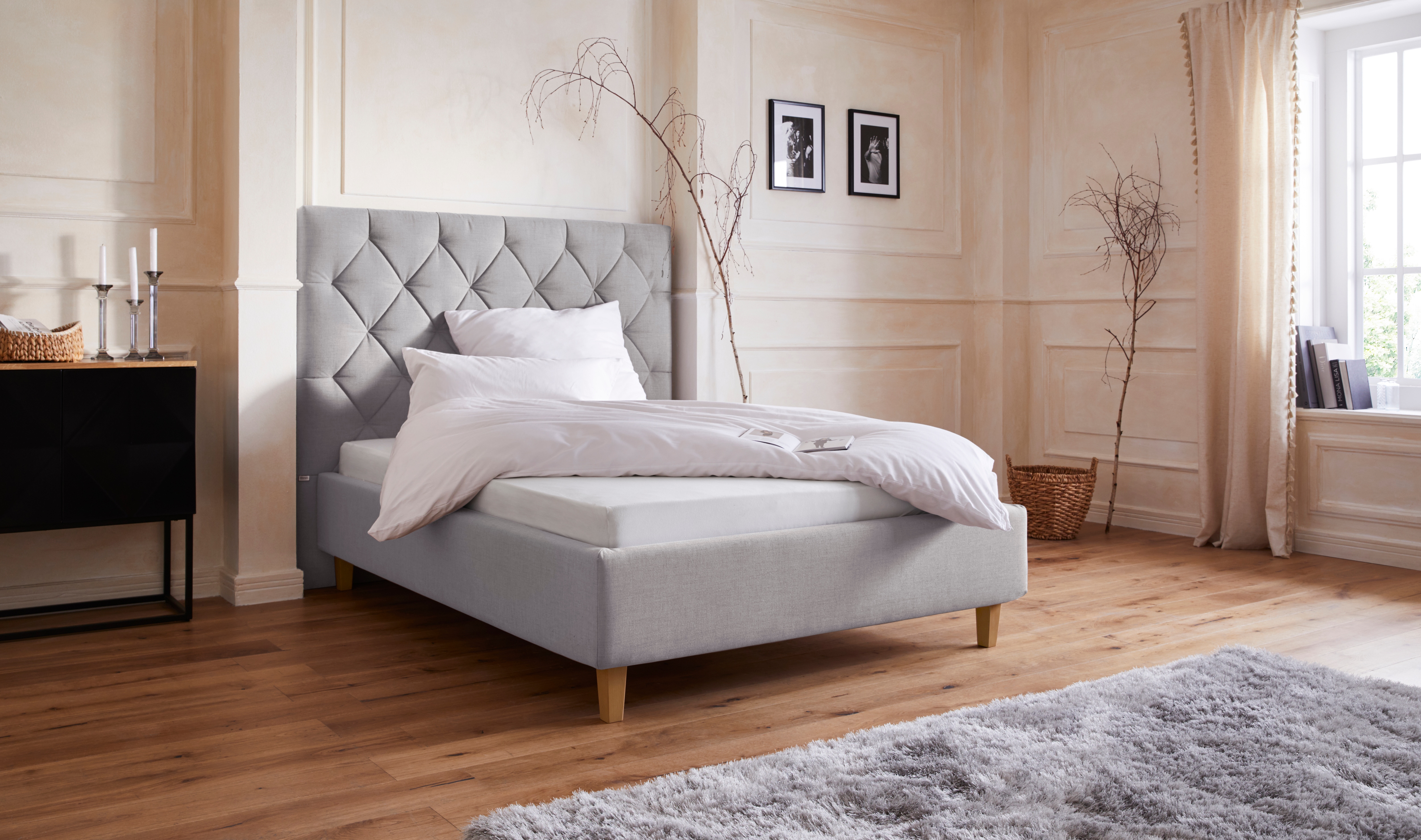 Polsterbett HOME AFFAIRE "Sunley 140", grau (hellgrau), B:163cm L:210cm, Struktur (100% Polyester);Samtstoff (100% Polyester), Betten, Kreuzsteppung, Kopfteilhöhe 142 cm, ohne oder mit Matratze/Lattenrost Image