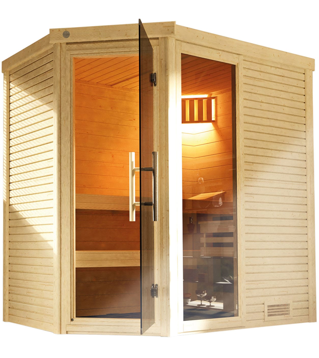 Sauna WEKA "Massivholzsauna CUBILIS ECK 1", beige (natur), Bio-Ofen, externe Steuerung, 4,5 kW, Saunen, Blockbohlen im wekaLine-Profil, Fensterelement, Ganzglastür Image